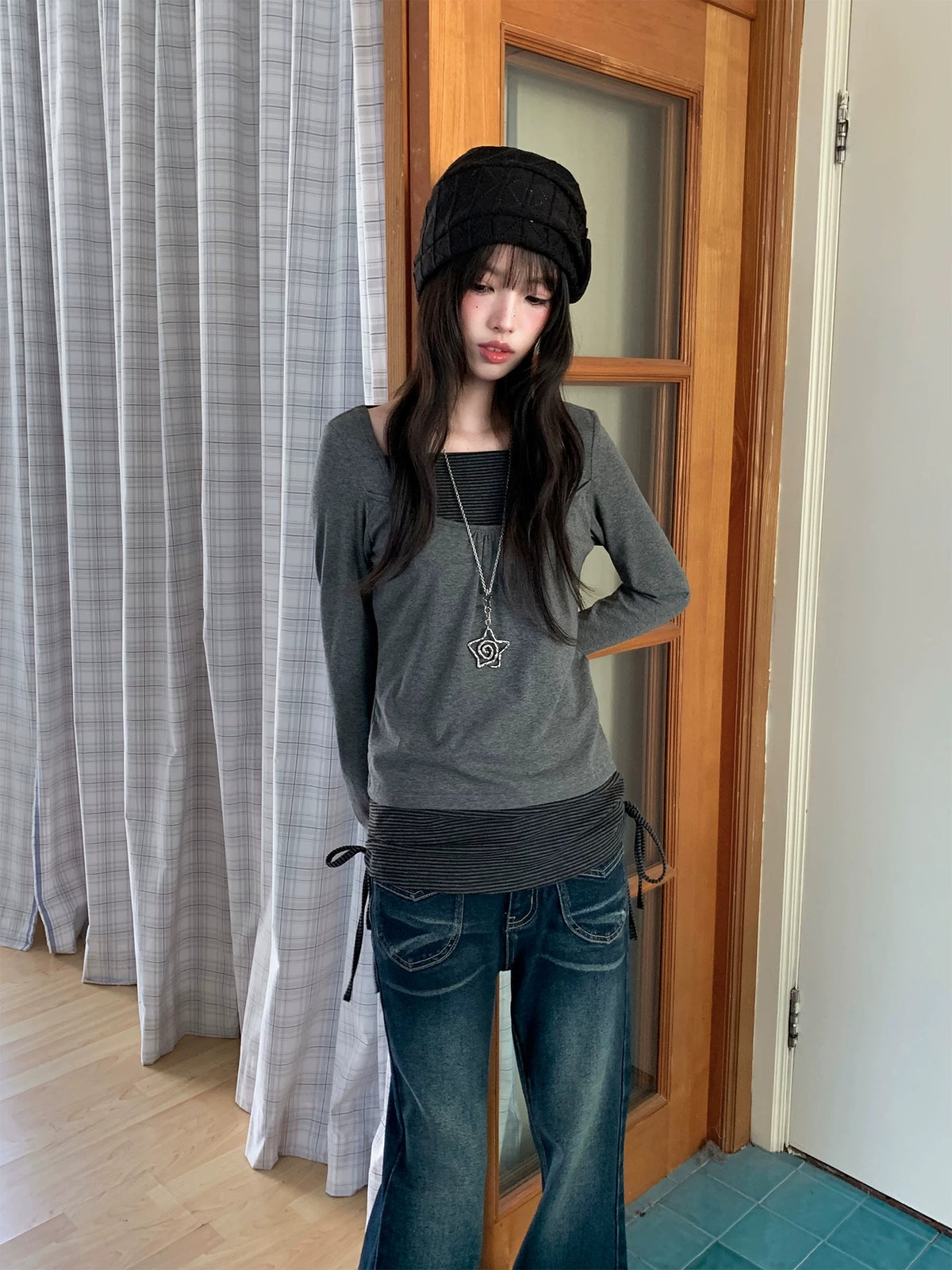 Striped Square-Neck Faux-Layer Drawstring Long Sleeve Top