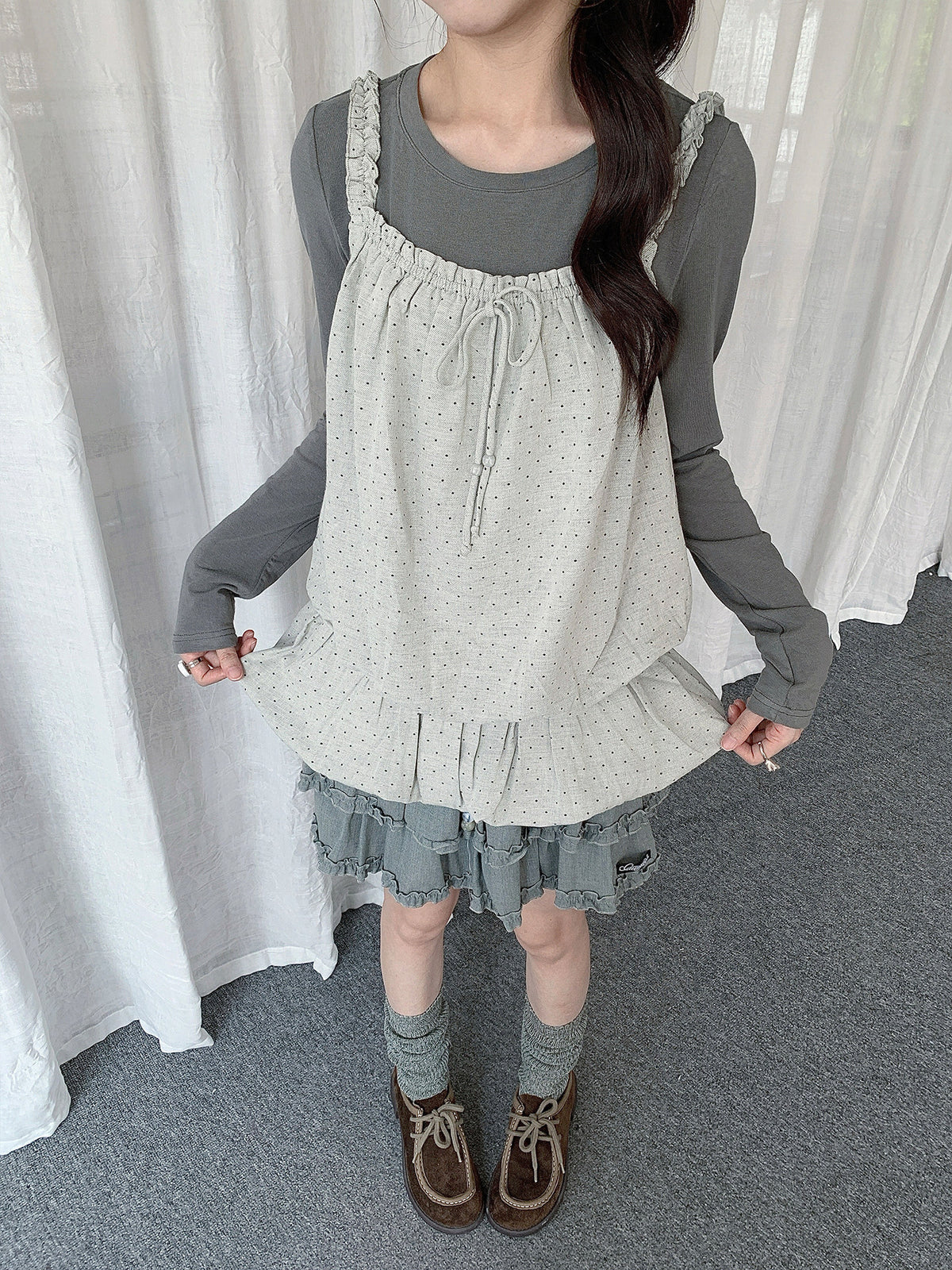 Polka Dot Ruffle Layered Two-Piece Top Set