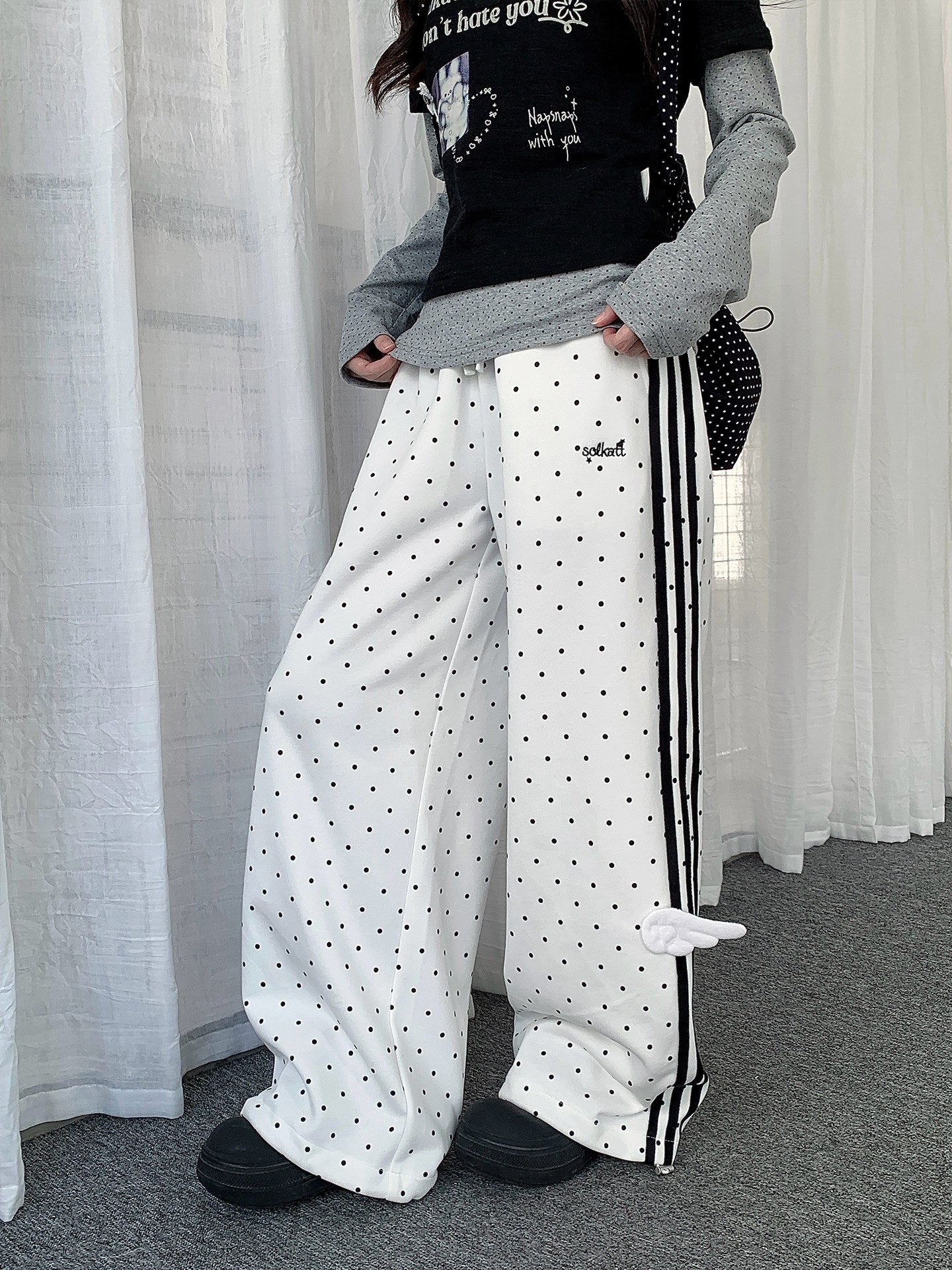 Polka Dot Wing-Detail Wide-Leg Track Pants
