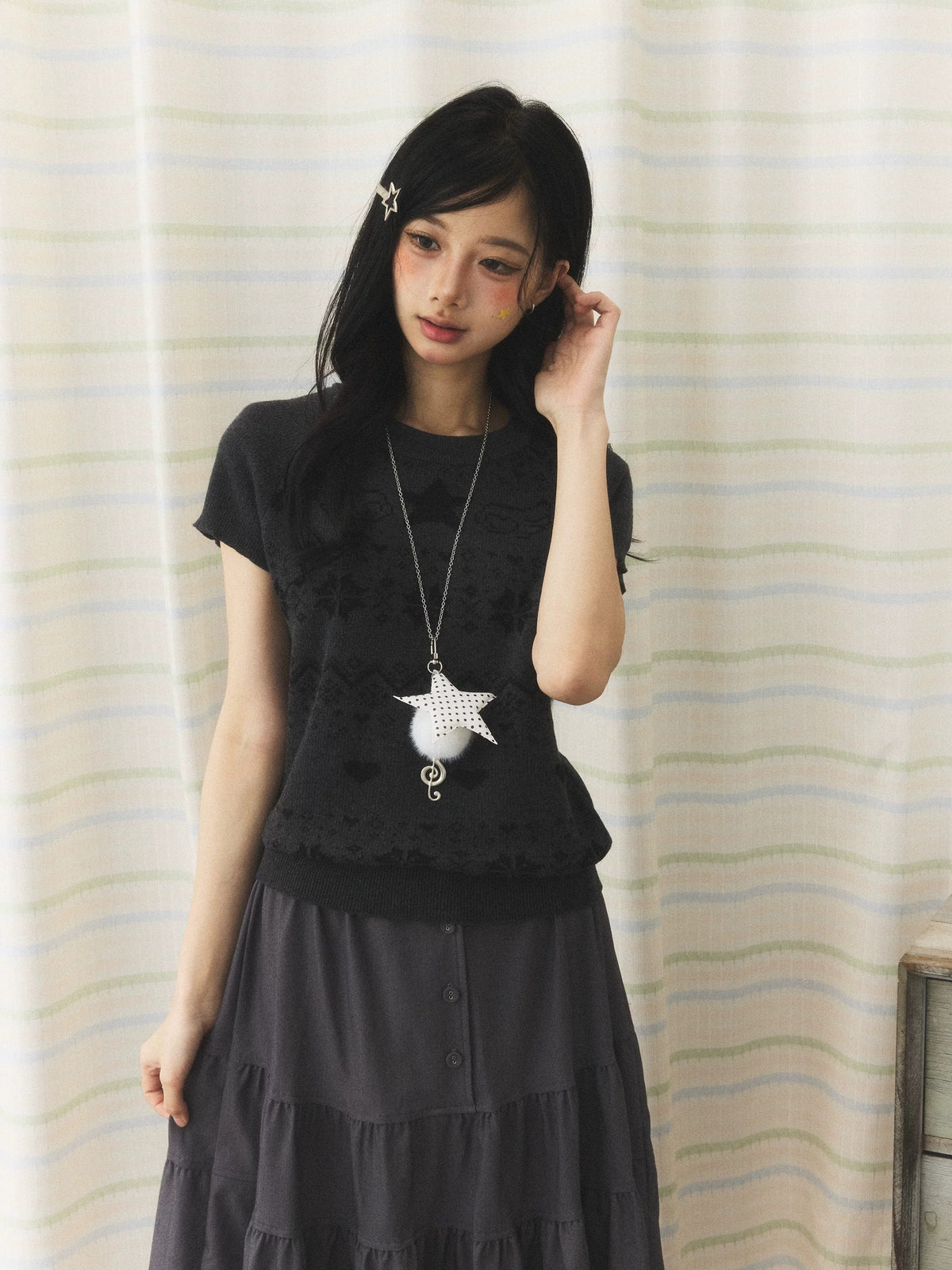 Vintage Jacquard Knit Short Sleeve Top