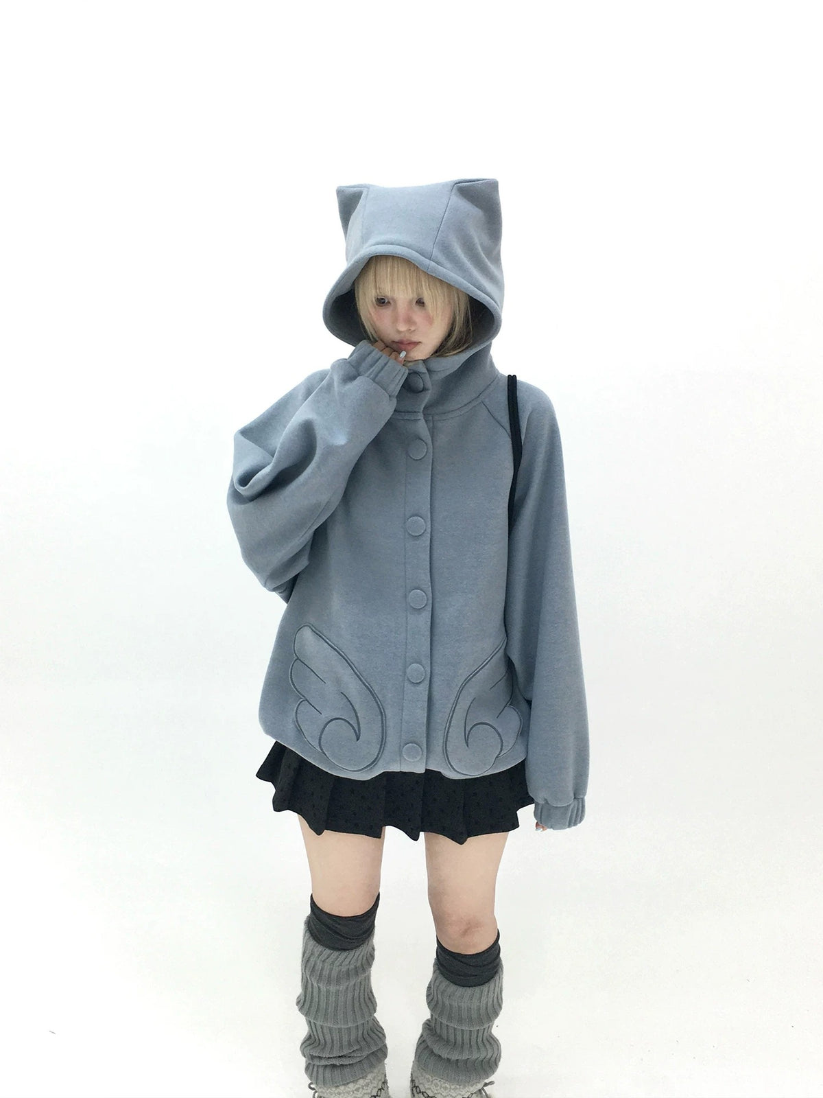 Dusty Blue & Ivory Fleece-Lined Cat Ear Wing Pocket Hooded Jacket