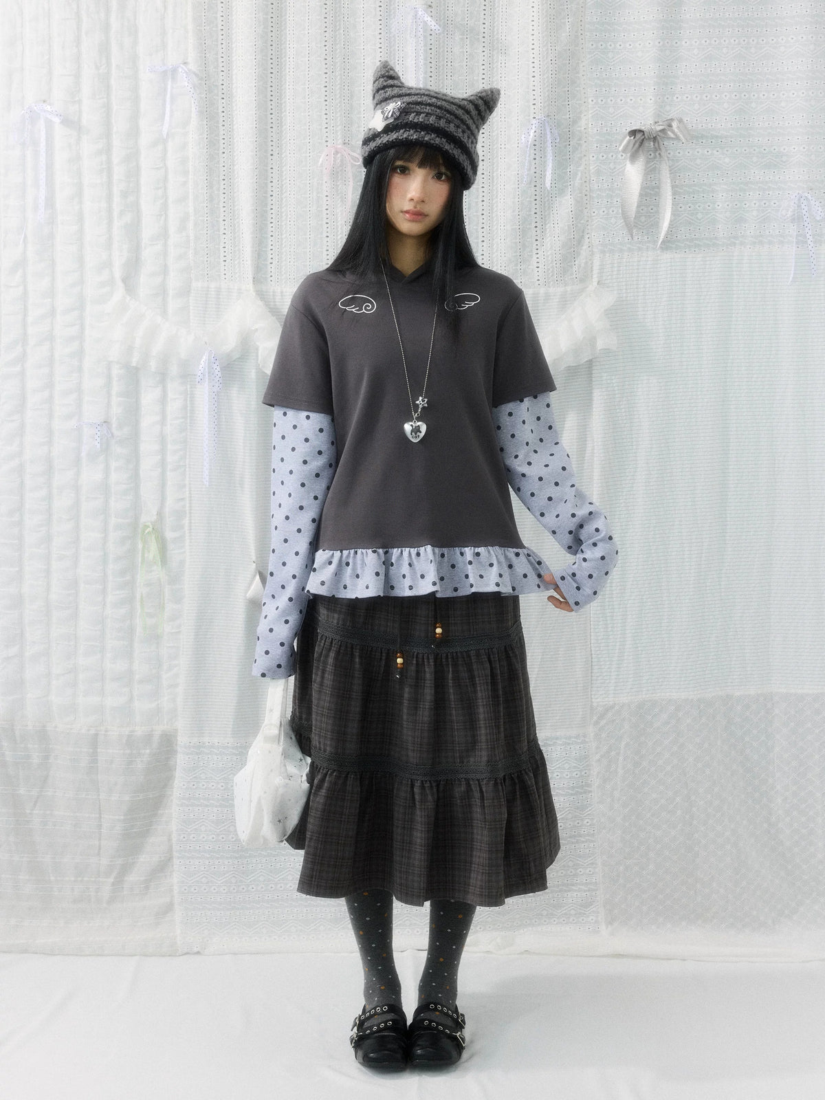 Angel Wing Polka-Dot Layered Hooded Long Sleeve Top