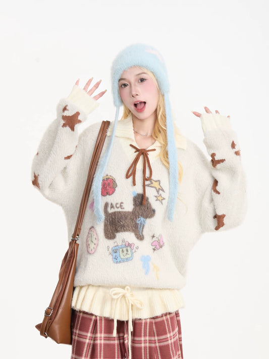 Puppy Graphic Bow-Collar Oversized Knit Sweater