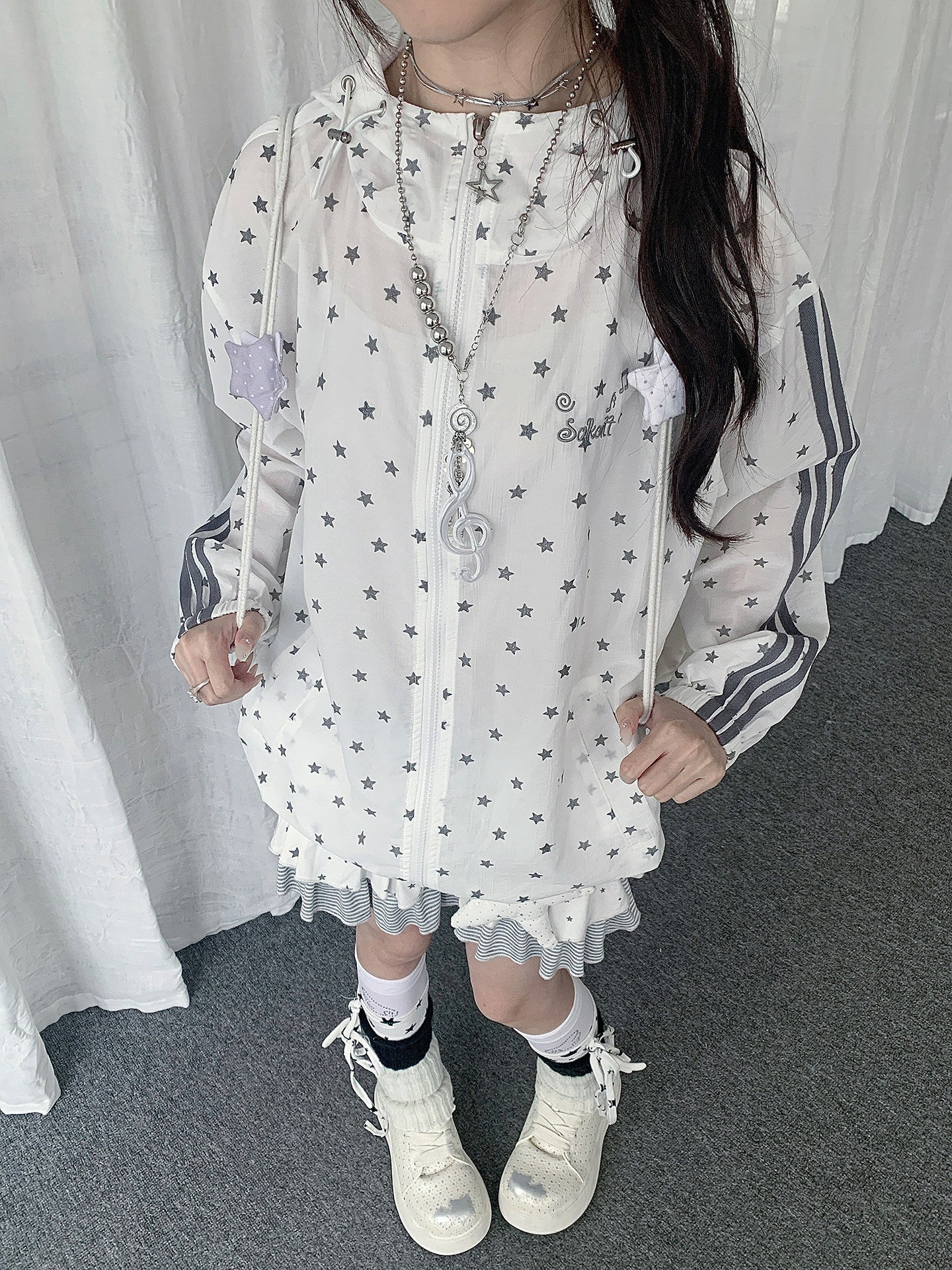 Star Print Sheer Hooded Lightweight Jacket