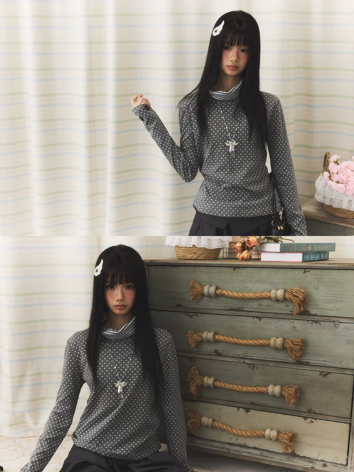 Polka Dot Contrast Turtleneck Long Sleeve Top