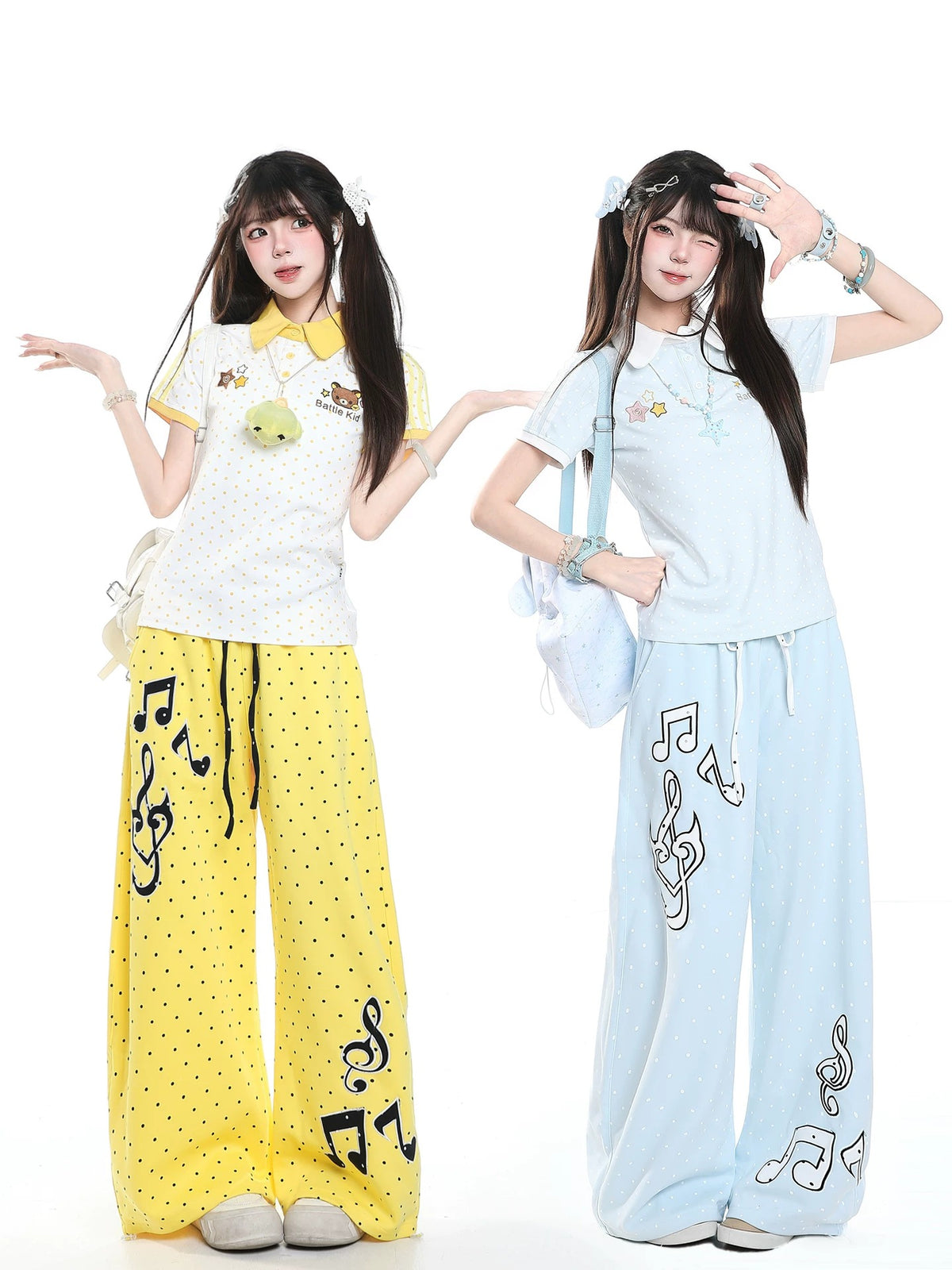 Polka-Dot Music Note Embroidered Wide-Leg Pants