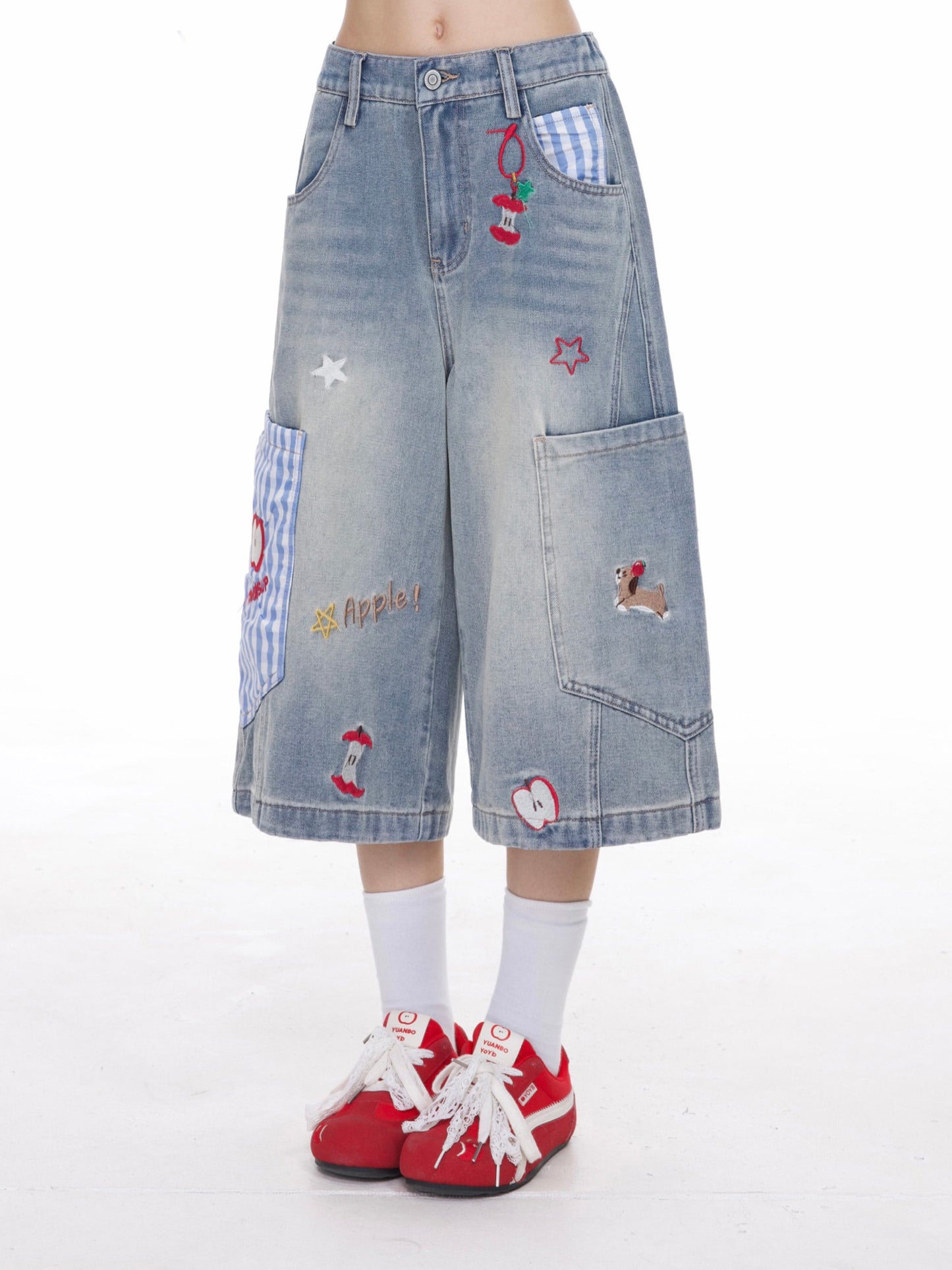 Apple Plaid Cropped Wide-Leg Jeans