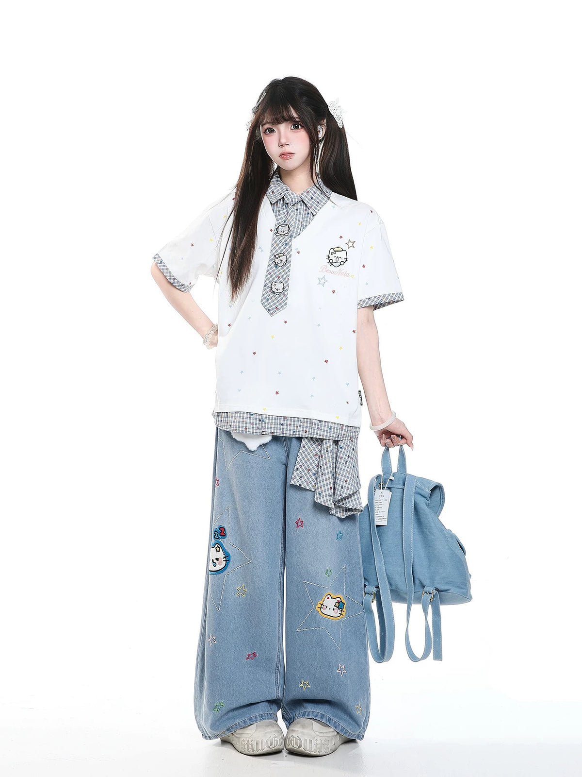 Star Kitty Embroidered Wide-Leg Jeans with Plush Charm