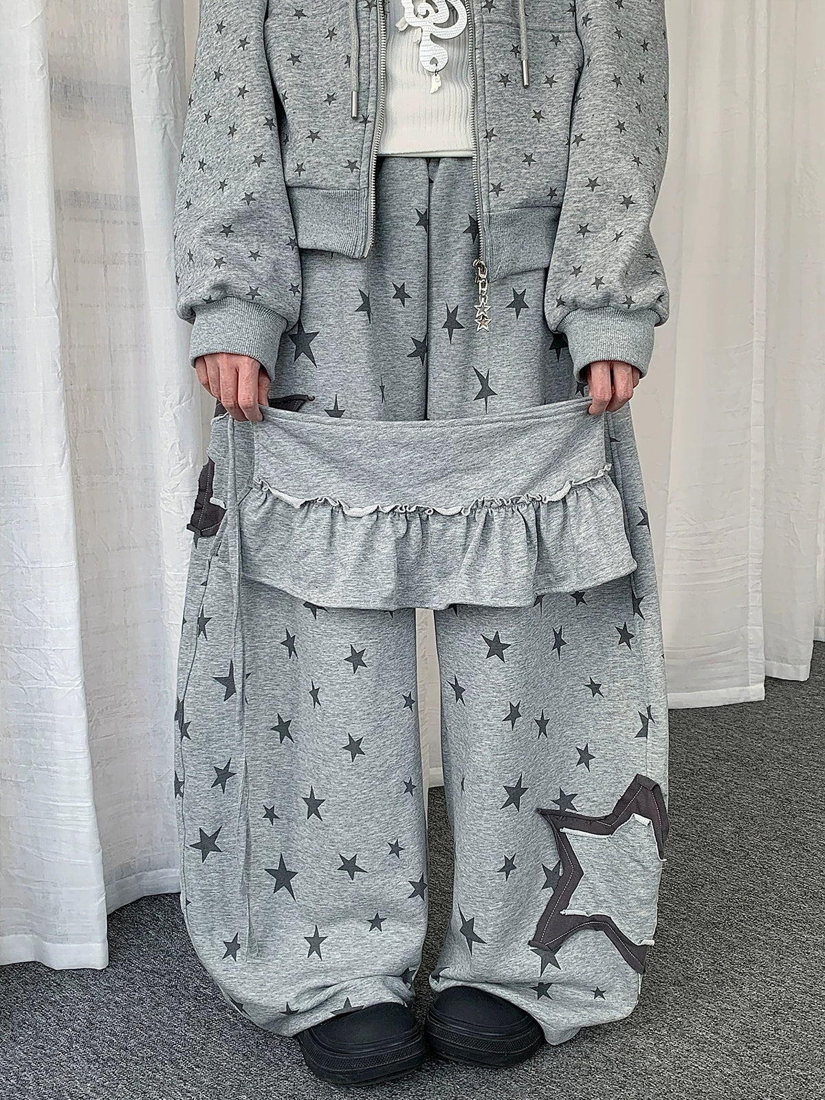 Star Print Detachable Ruffle-Layer Wide-Leg Sweatpants
