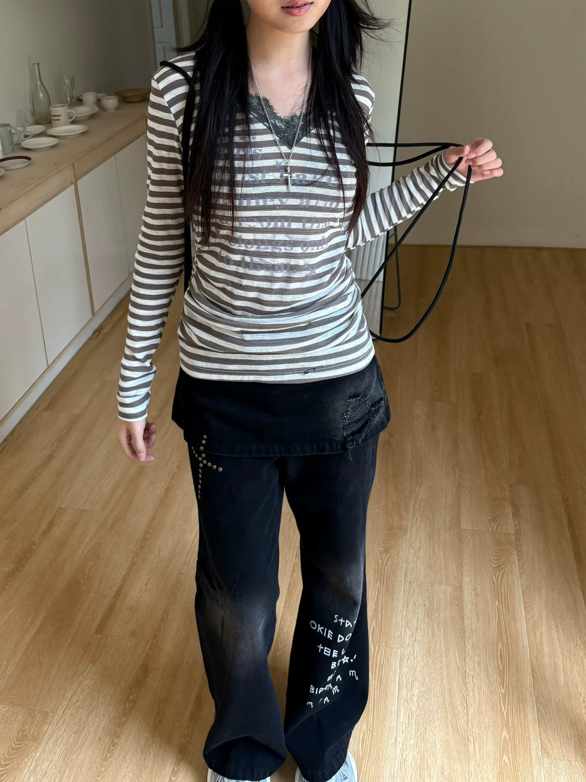 Gray Stripe Lace V-Neck Graphic Long Sleeve Tee