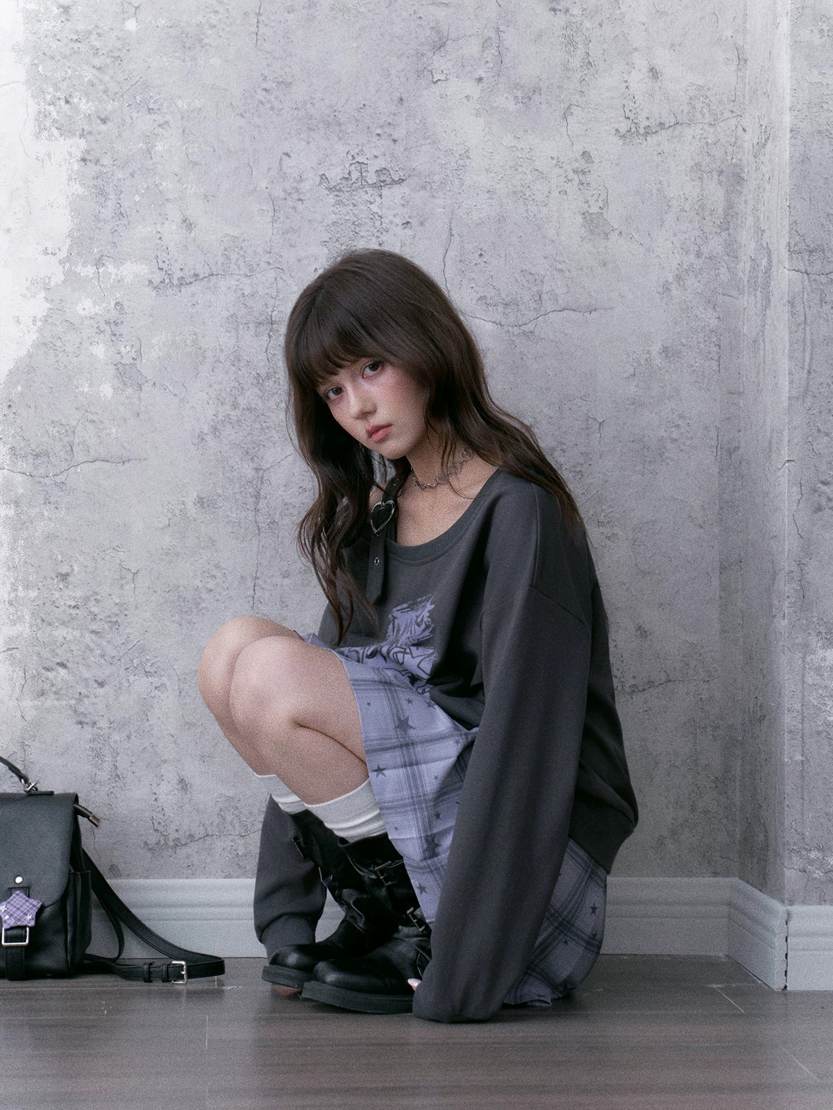 Heart-Strap Graphic Faux-Layered Sweatshirt Dress