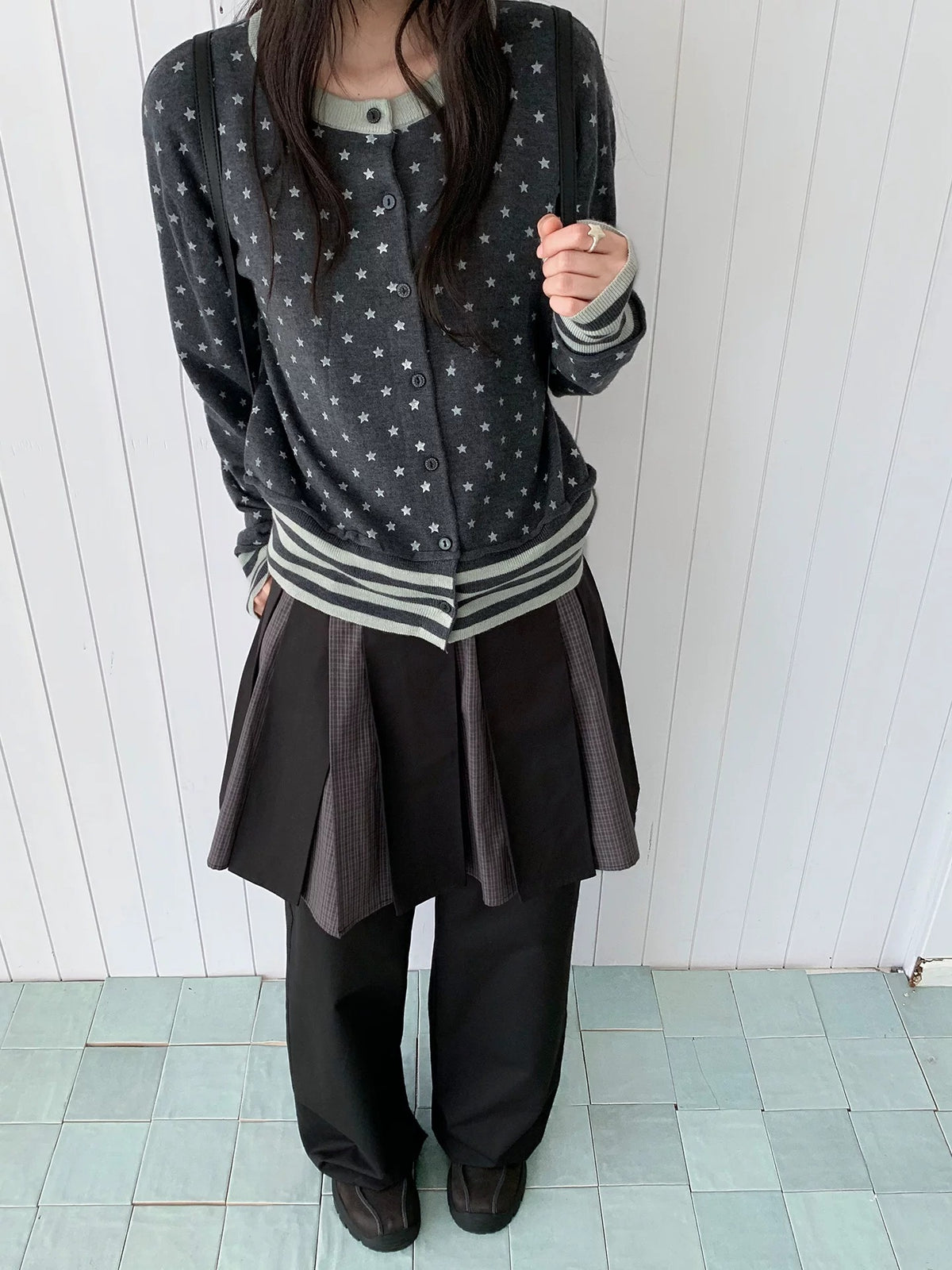 Star Print Contrast-Trim Knit Cardigan