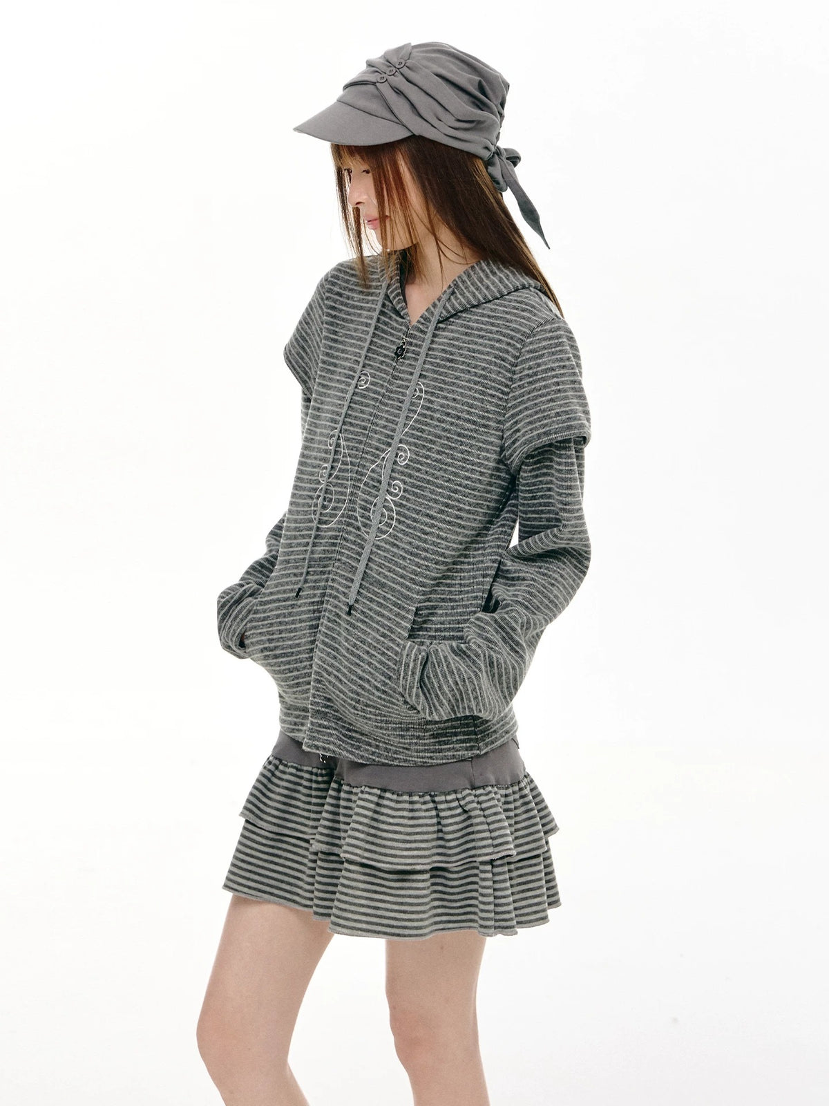 Charcoal Stripe Double-Ruffle A-Line Mini Skirt