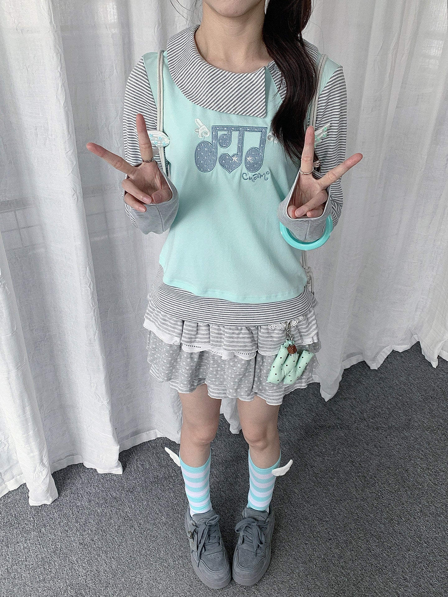 Music Note Embroidered Faux-Layered Long Sleeve Top