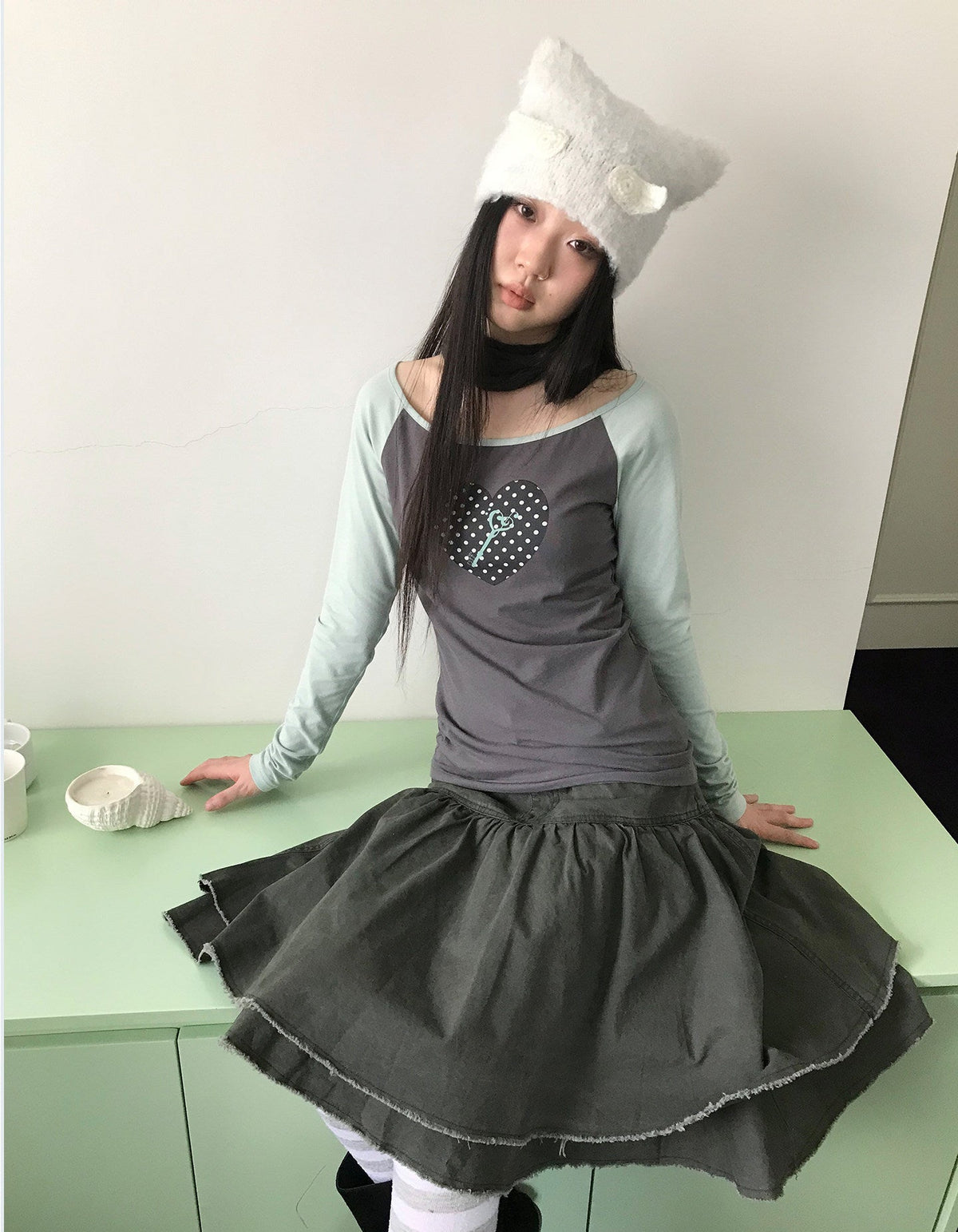 Polka Dot Heart Key Contrast Raglan Long Sleeve Tee