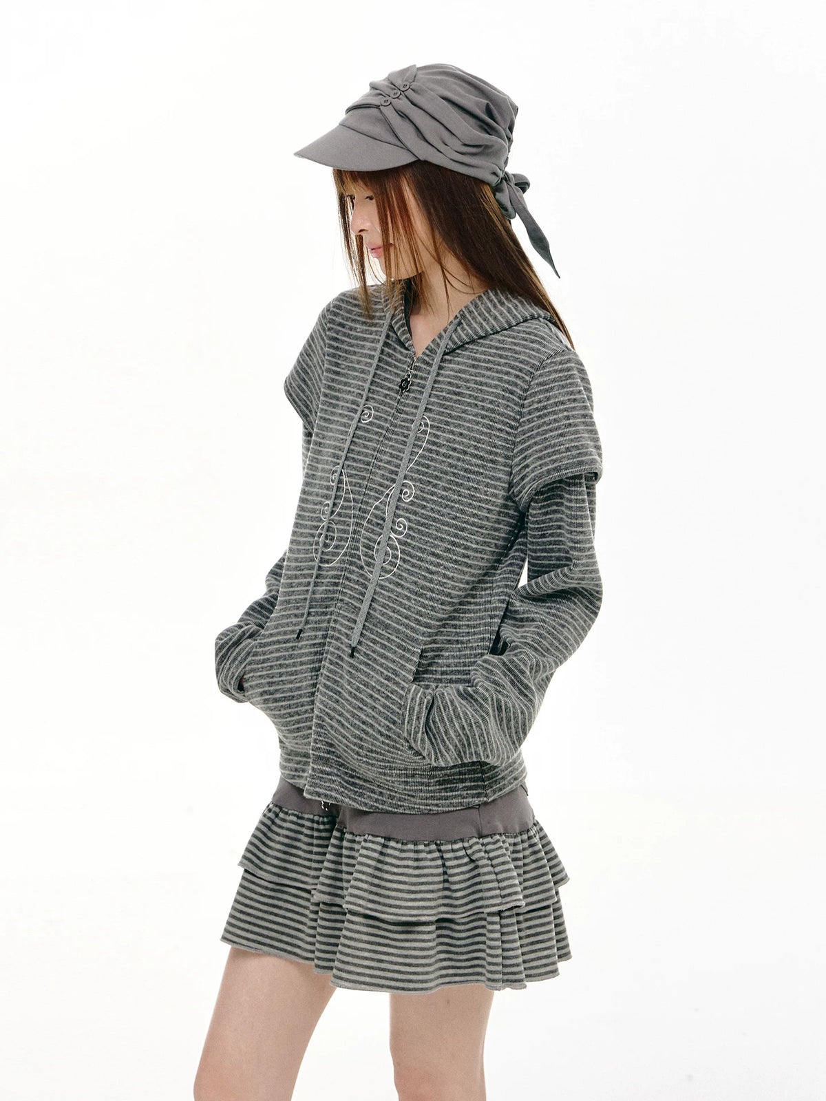 Charcoal Stripe Music Note Faux-Layer Zip Hoodie