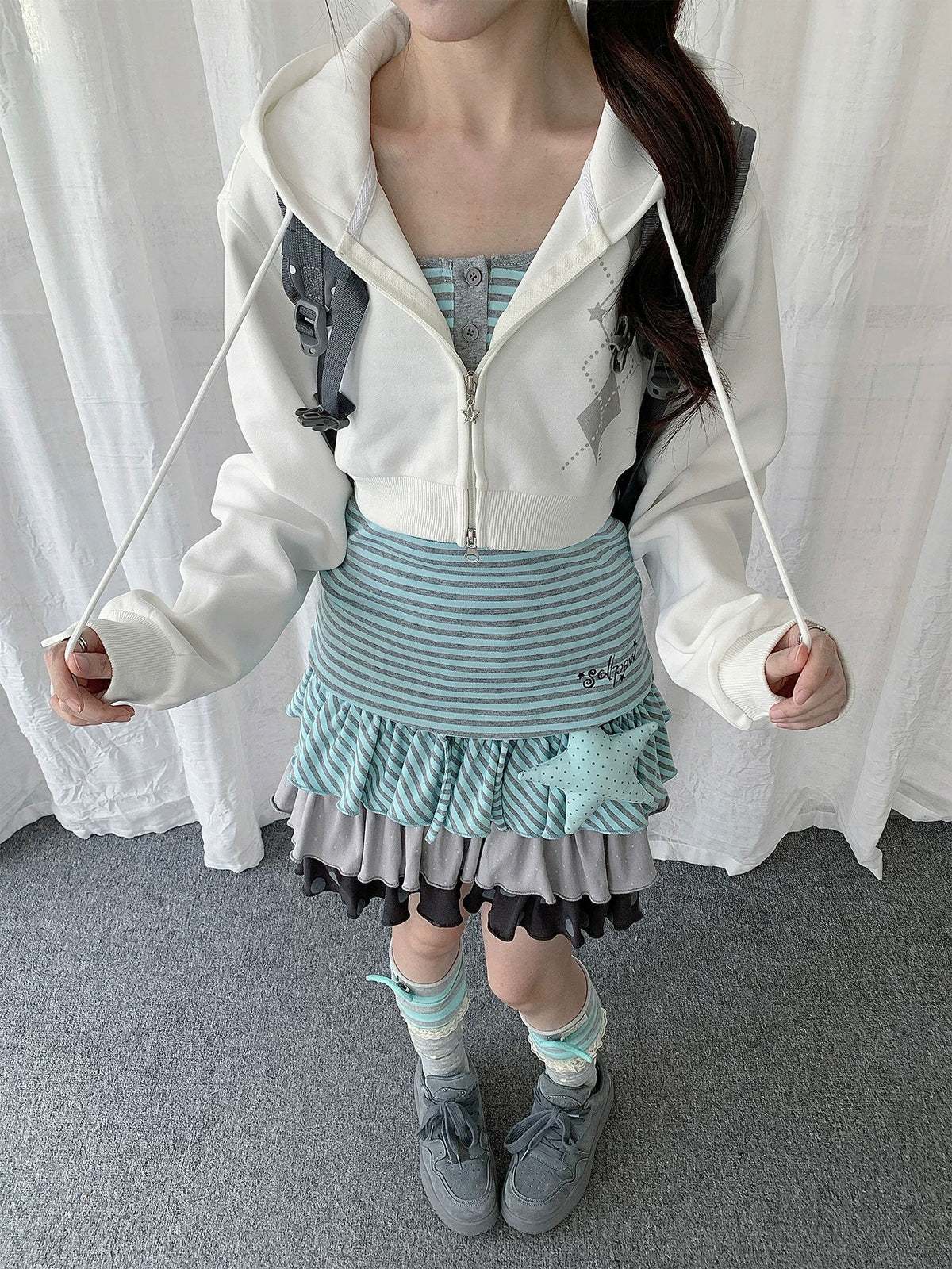 Striped Cami & Cropped Zip Hoodie Two-Piece Set
