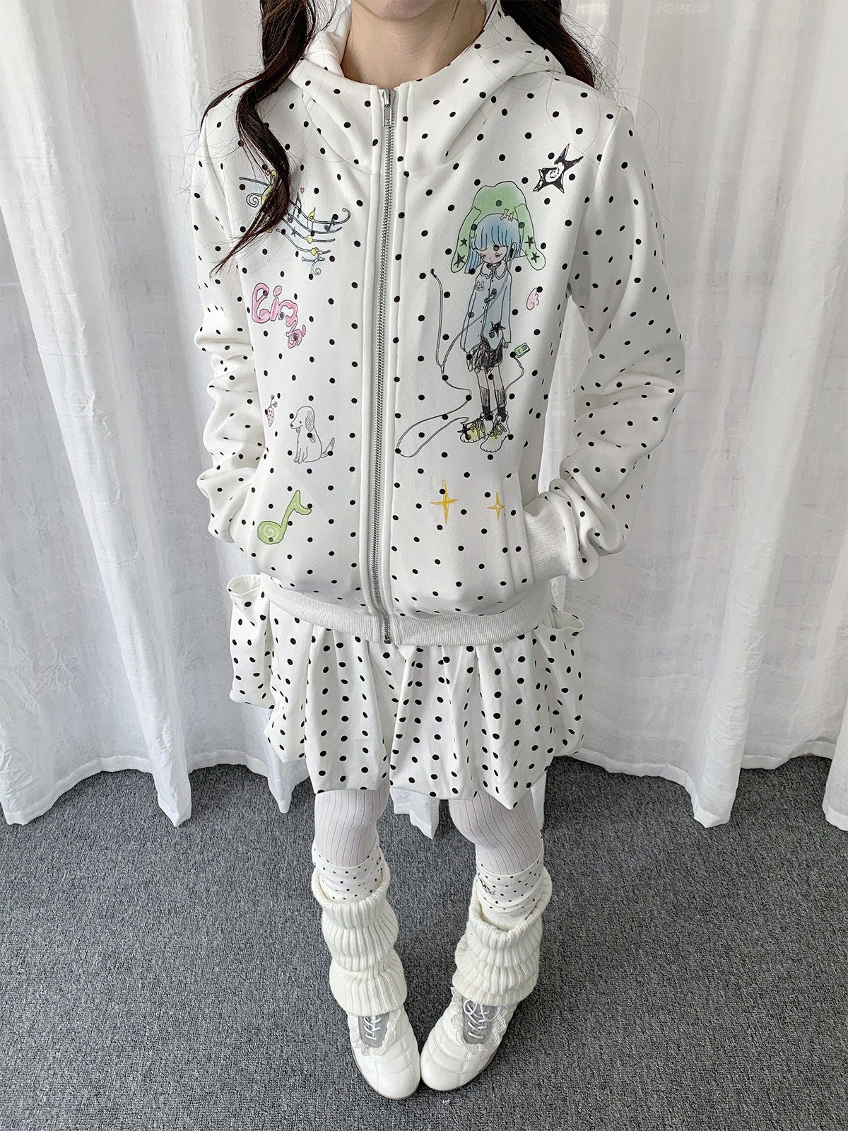 Polka Dot Devil-Horn Cartoon Girl Zip Hoodie