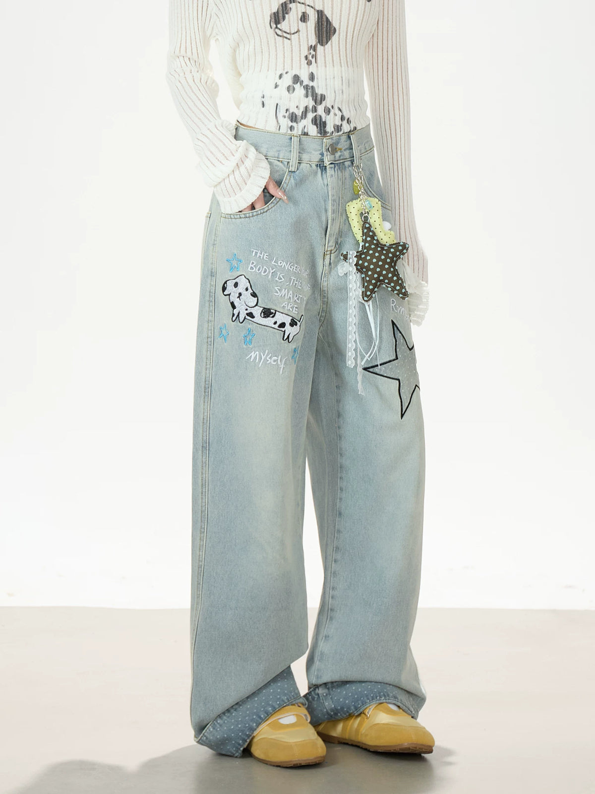 Puppy & Star Graphic Washed Wide-Leg Jeans