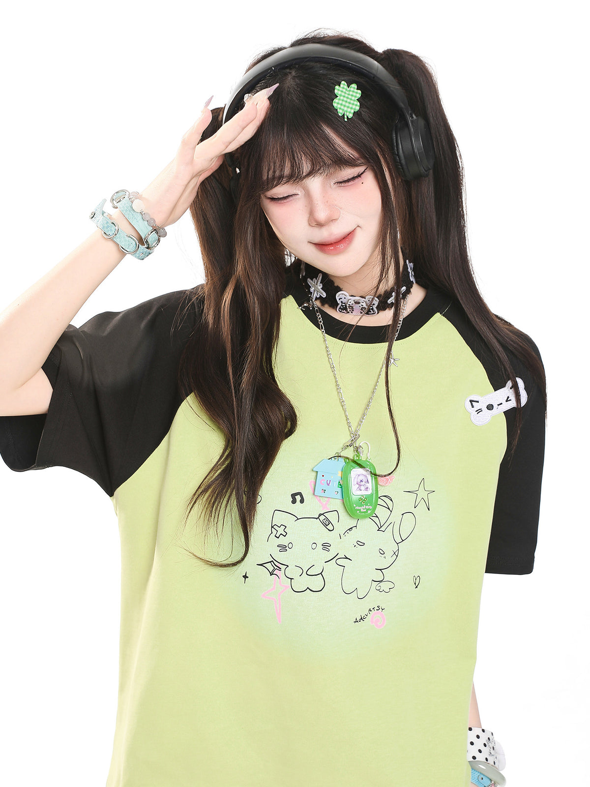 Kitty Sketch Colorblock Raglan Oversized Tee