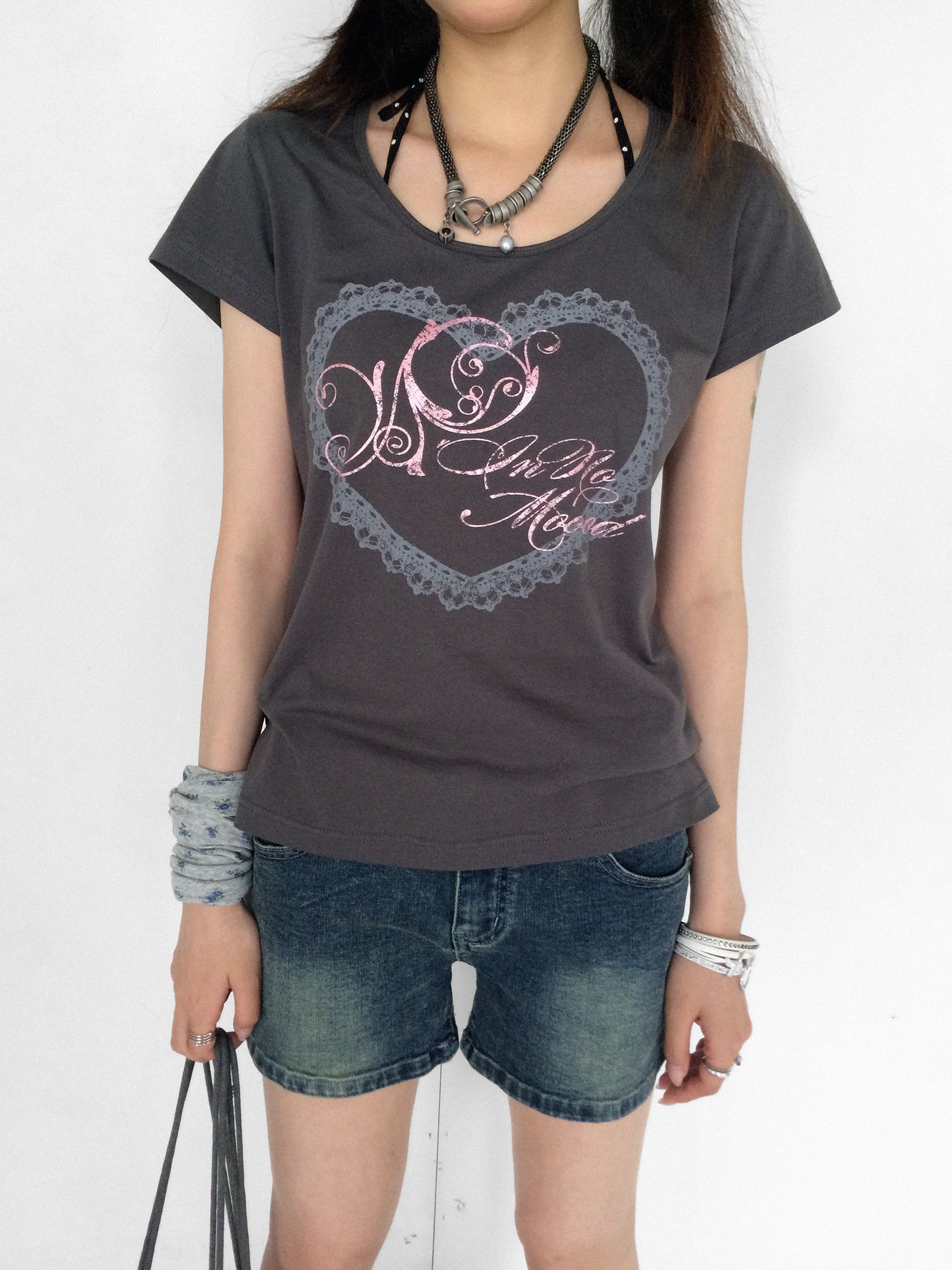 Silver Lace Heart Scoop-Neck Fitted Tee