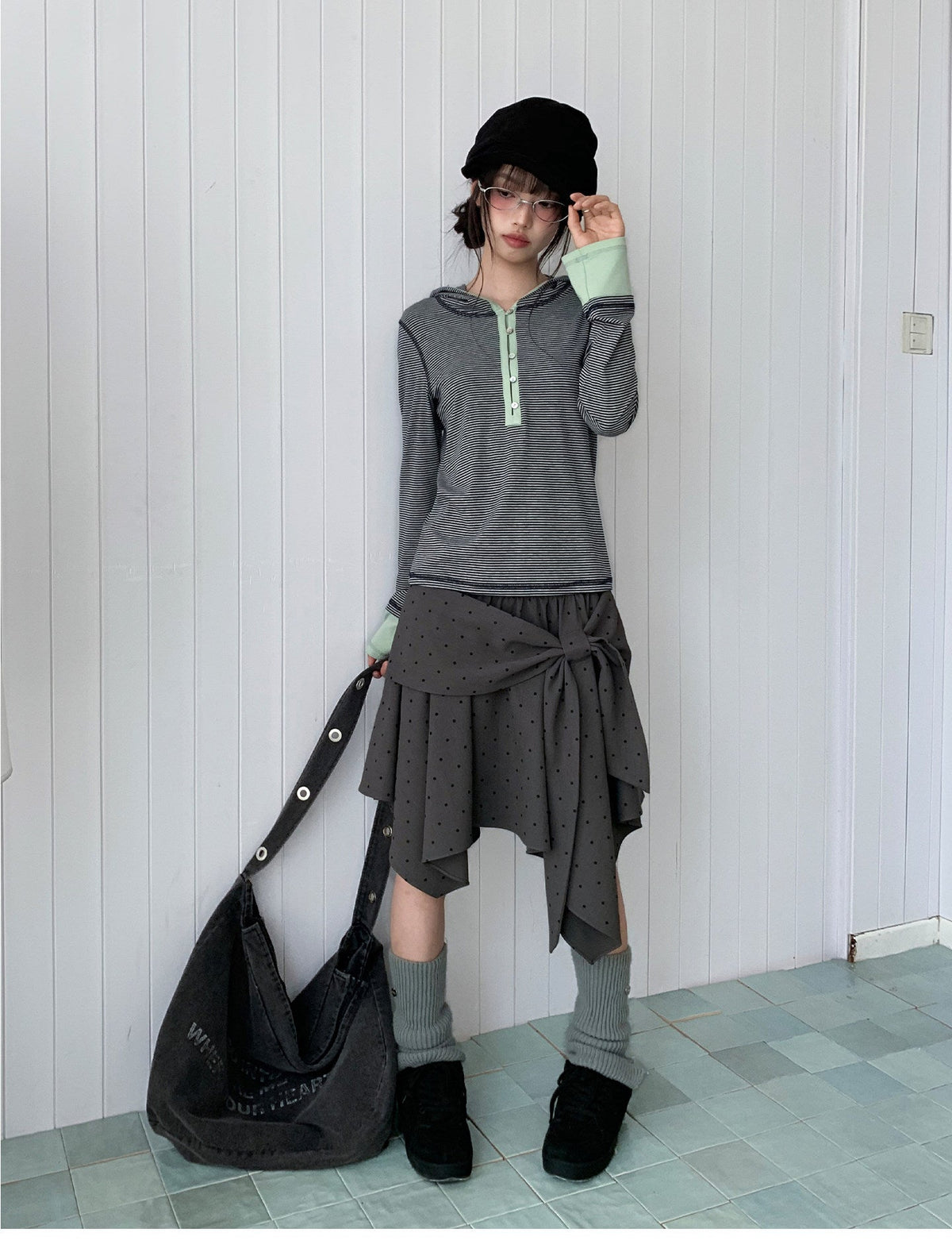 Blue-Gray Stripe Contrast Hooded Long Sleeve Top