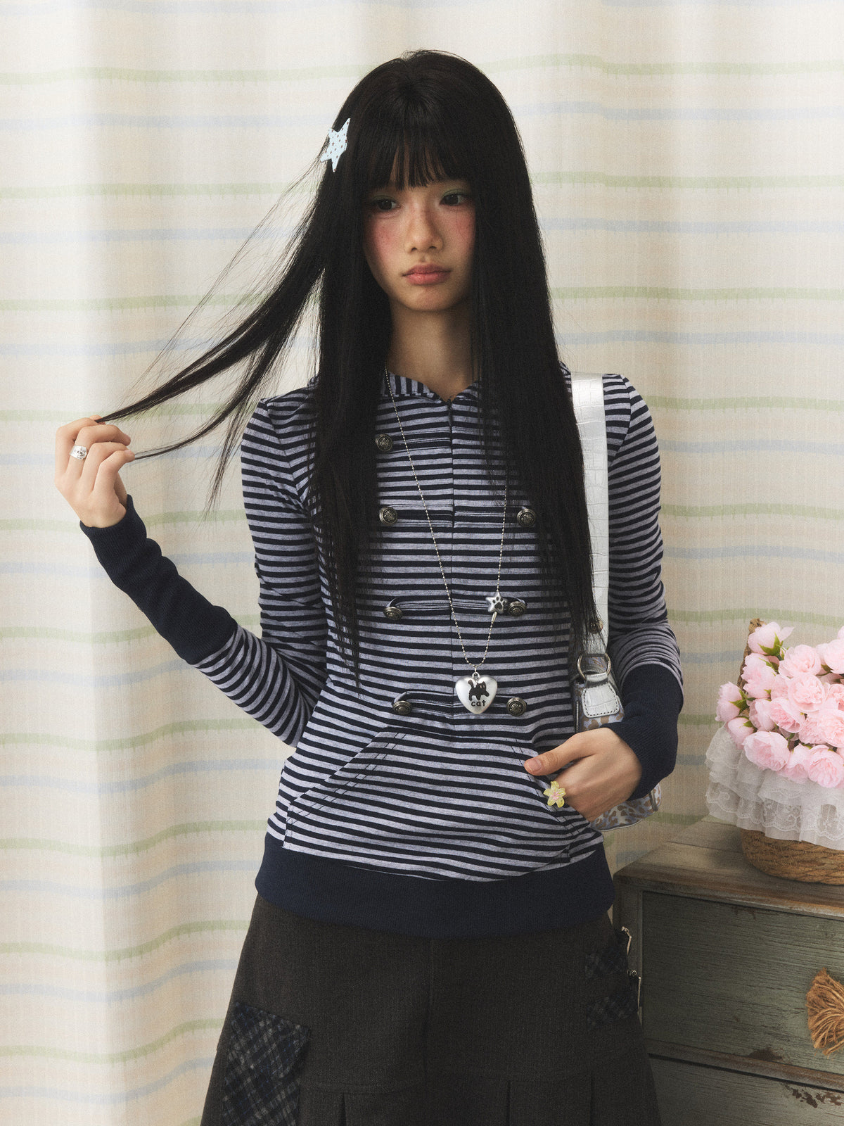 Navy Striped Military Button Hooded Top