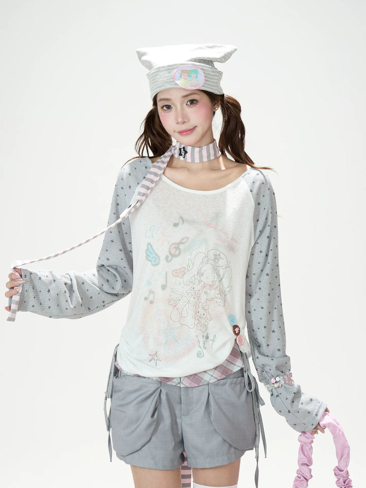 Dreamy Hand-Drawn Raglan Long Sleeve Top & Relaxed Wide-Leg Pants