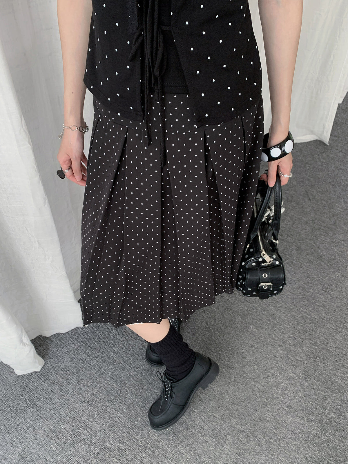 Polka Dot Pleated Ruffle Midi Skirt