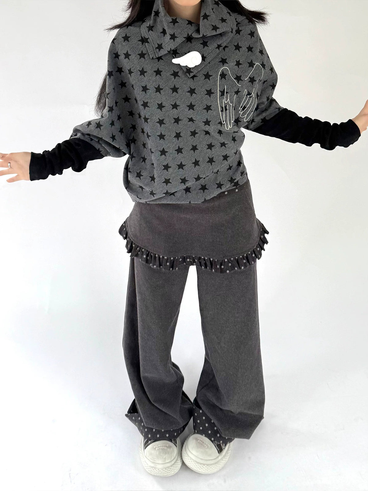 Asymmetric Star Drape Faux-Layer Long Sleeve Top