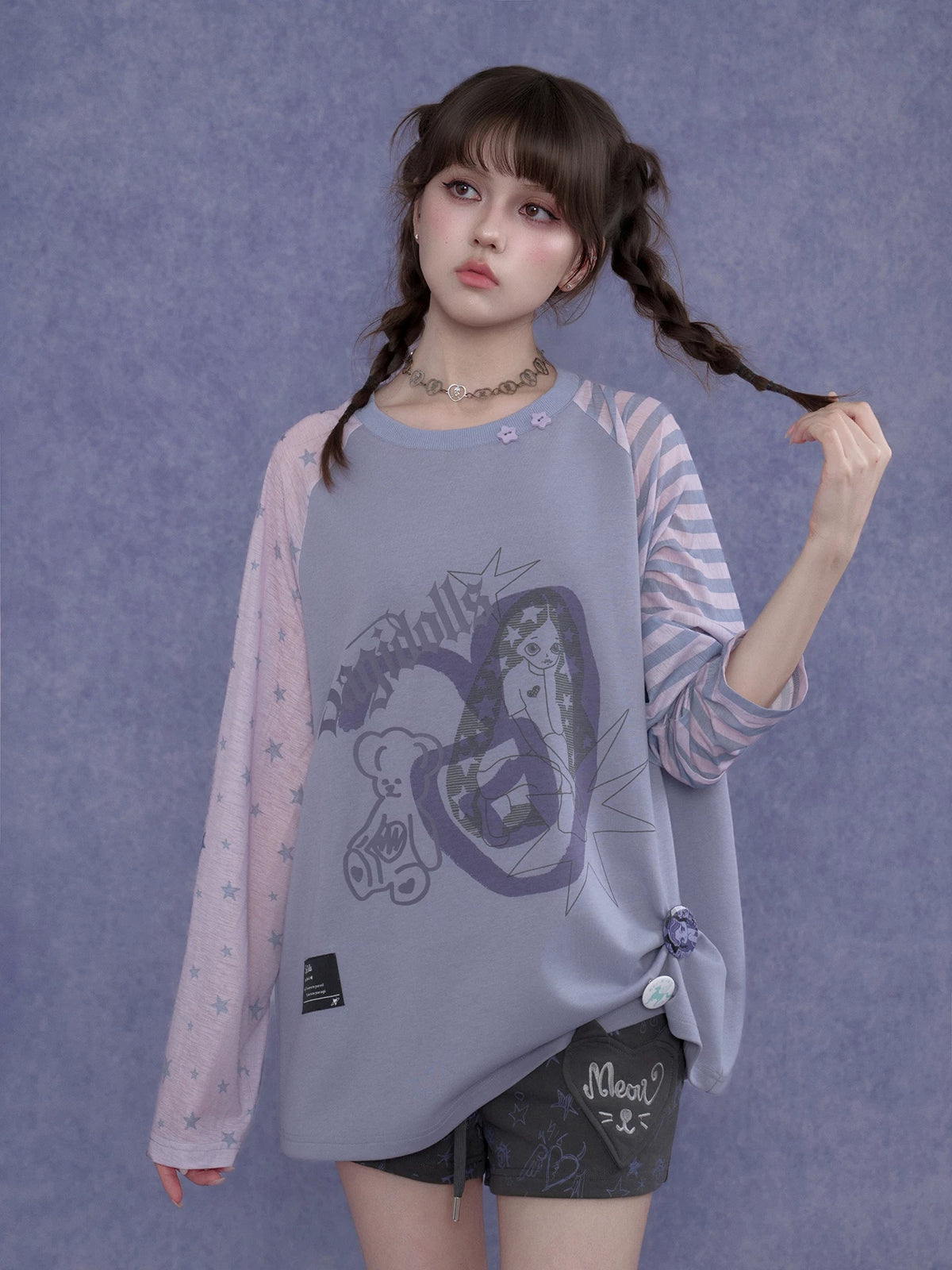 Lavender Star Stripe Raglan Graphic Long-Sleeve Tee