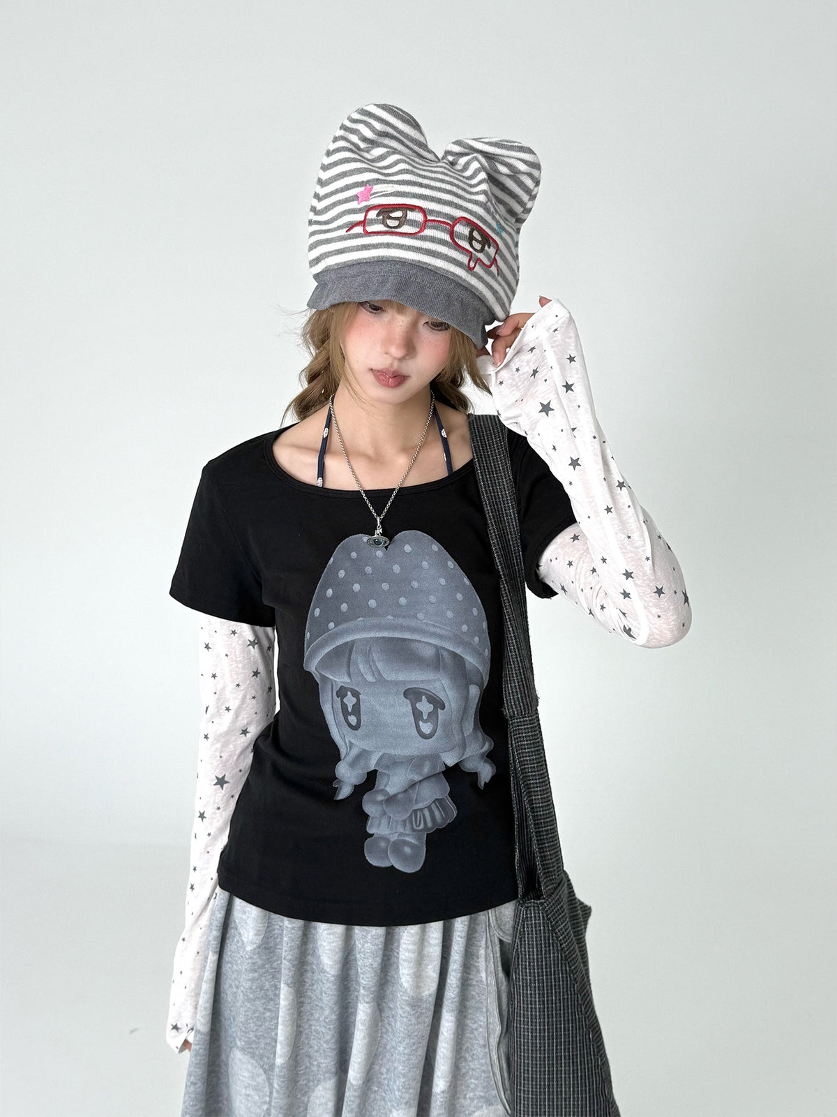 Gray Striped Bunny Ear Embroidered Knit Hat