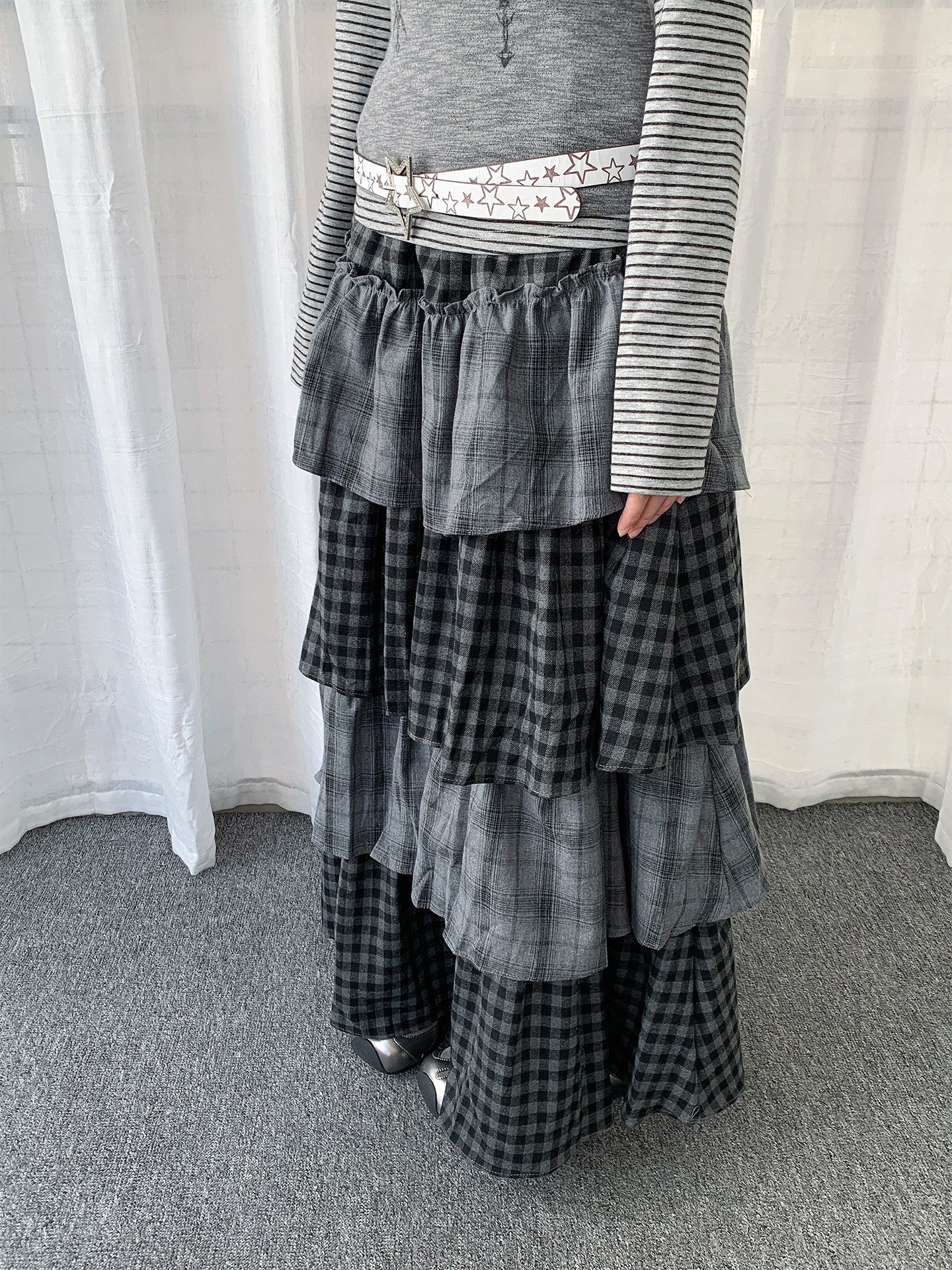 Layered Plaid Tiered Maxi Skirt