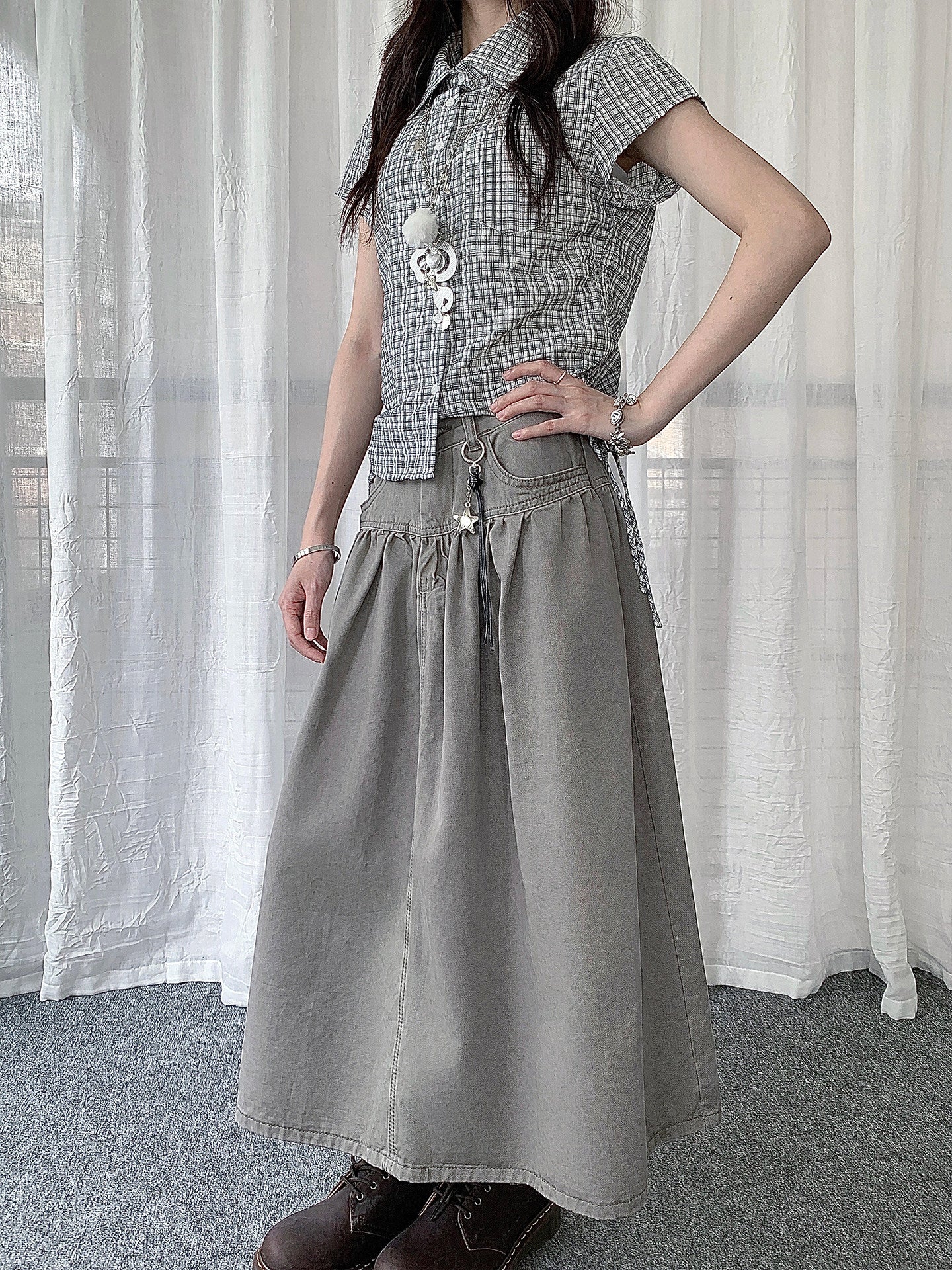 Star Charm Pleated Utility Midi Skirt