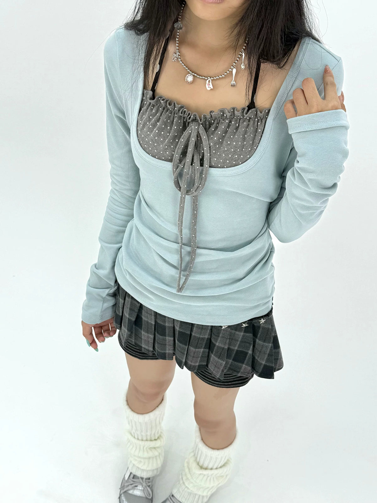 Polka Dot Tie-Front Layered Long Sleeve Top