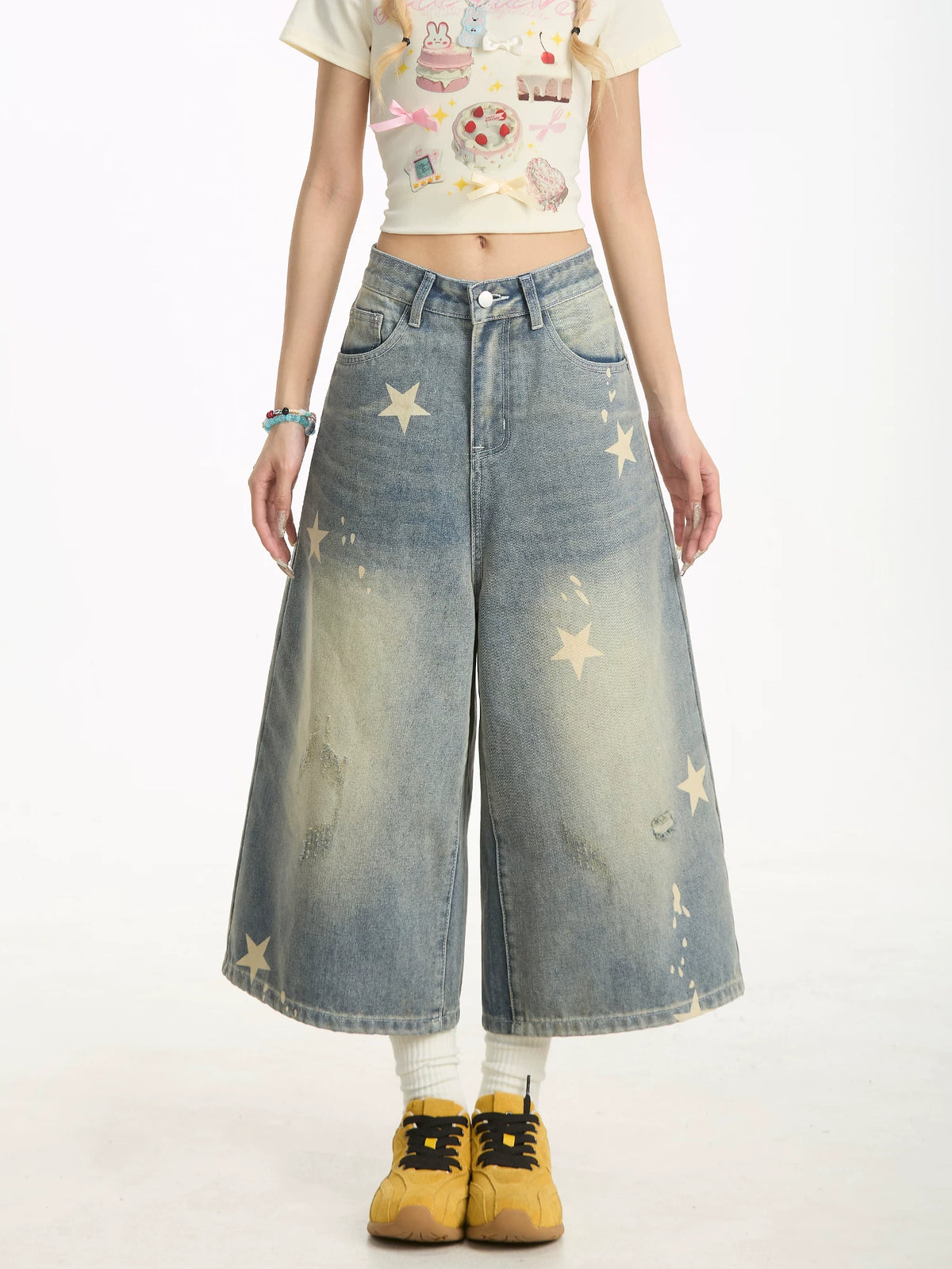 Washed Star Print Wide-Leg Denim Capri Pants