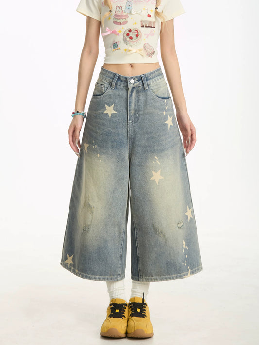 Washed Star Print Wide-Leg Denim Capri Pants