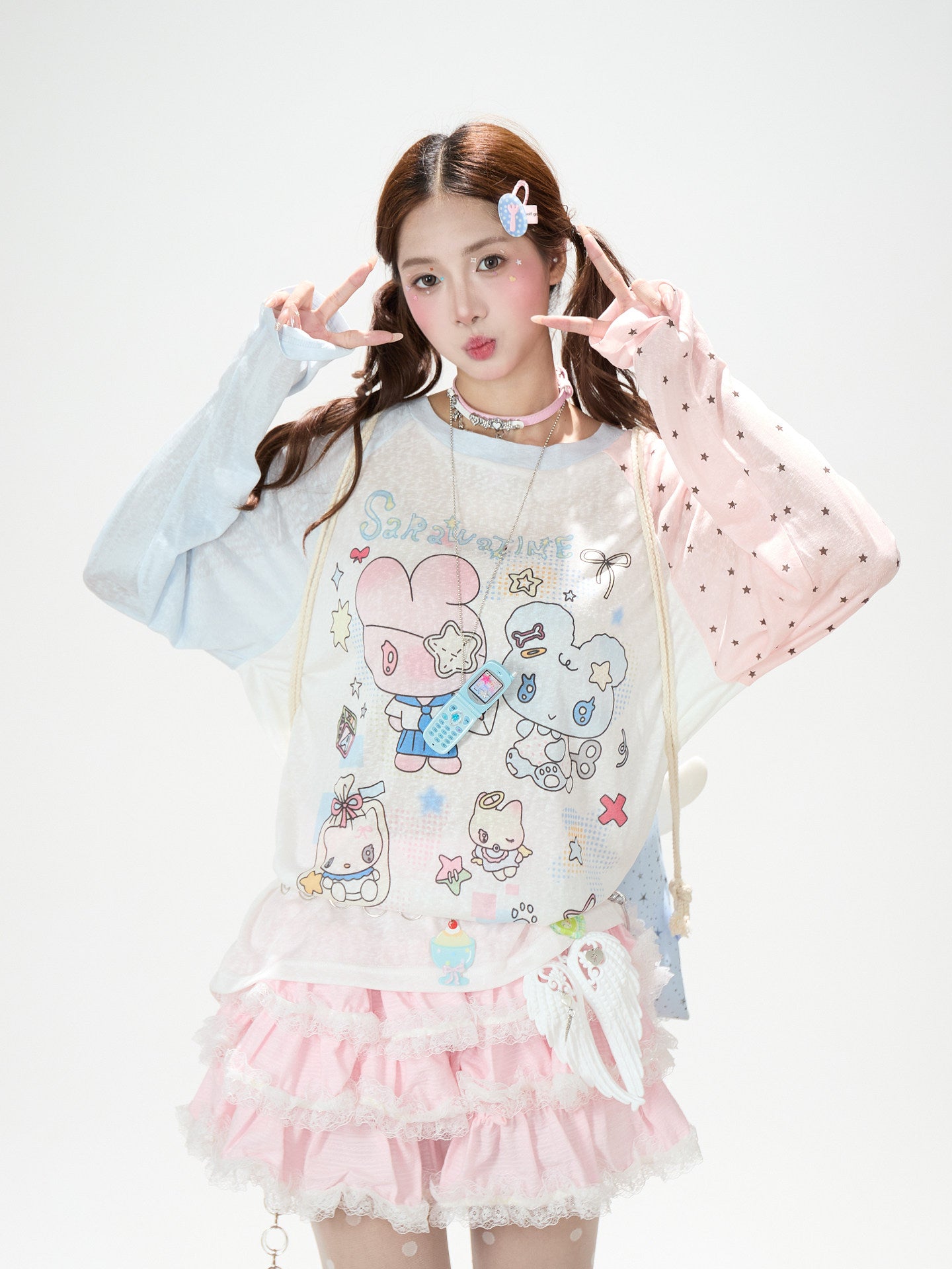 Cartoon Star Sheer Long Sleeve Top & Black Music Lace Gingham Mini Skirt