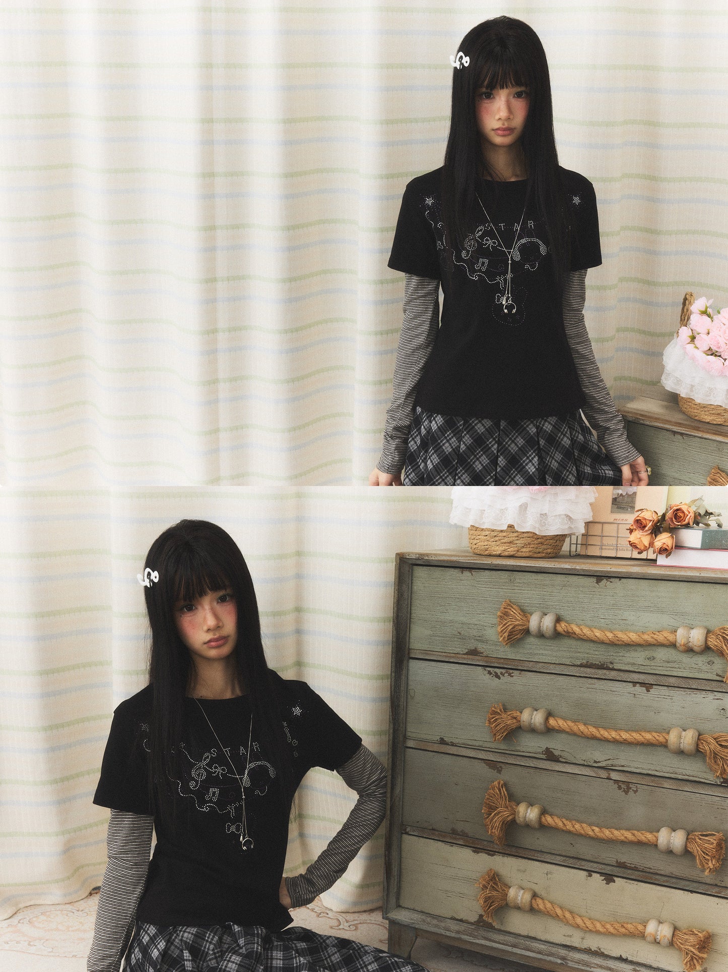 Rhinestone Melody Faux-Layer Stripe Long-Sleeve Tee