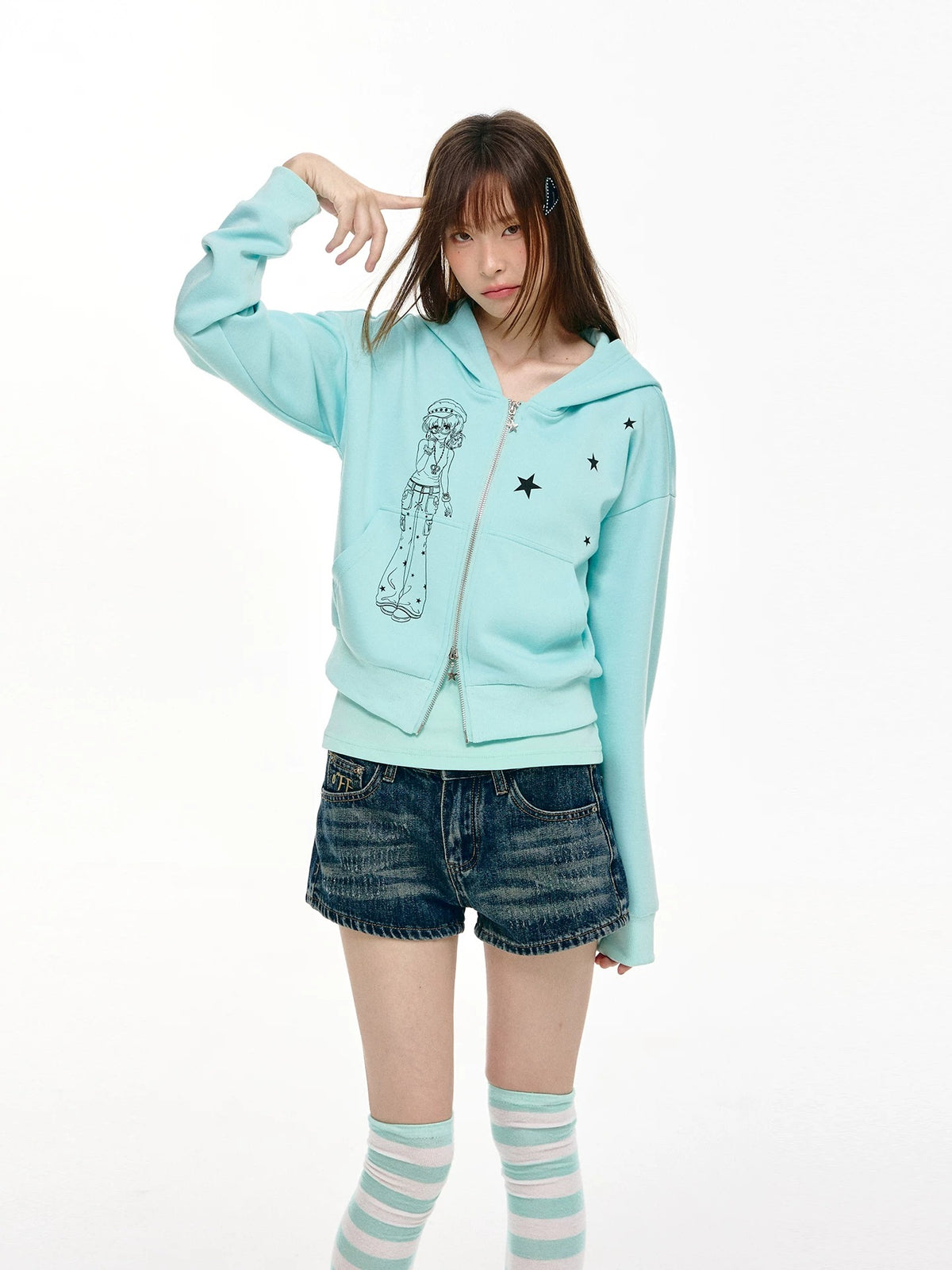 Mint Star Double-Zip Cropped Hoodie