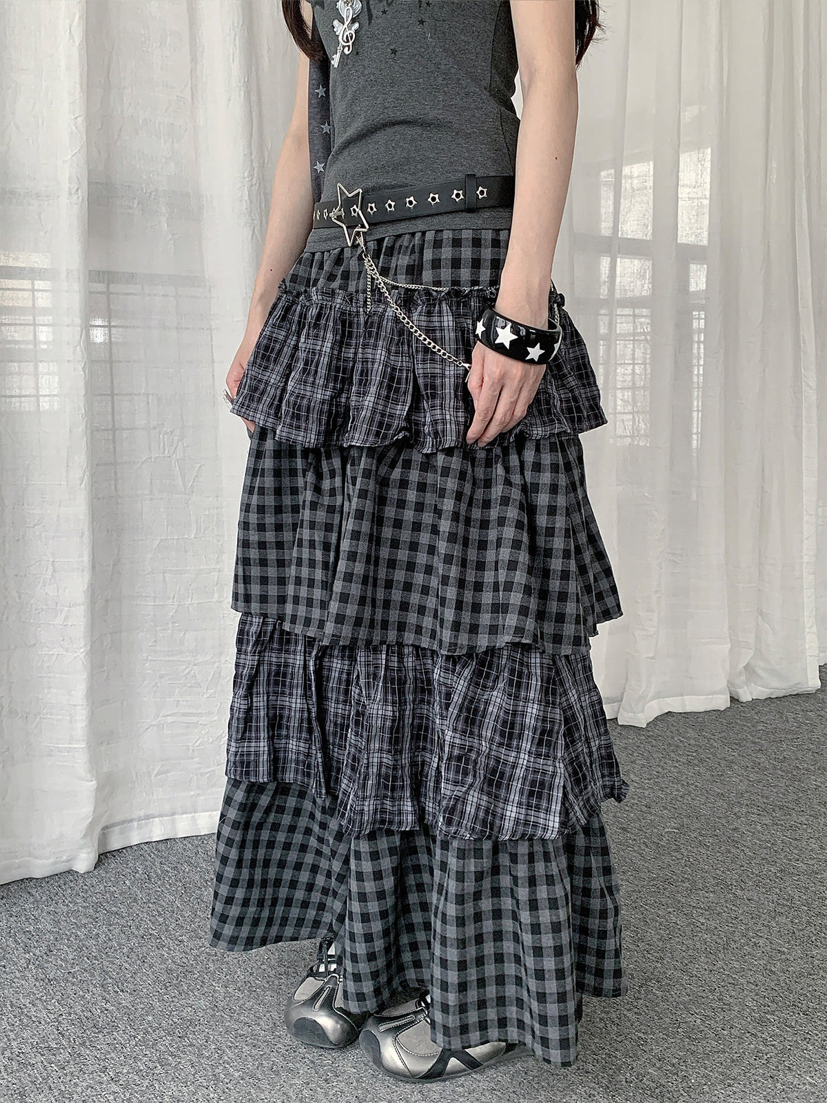 Gray Plaid Tiered Maxi Skirt