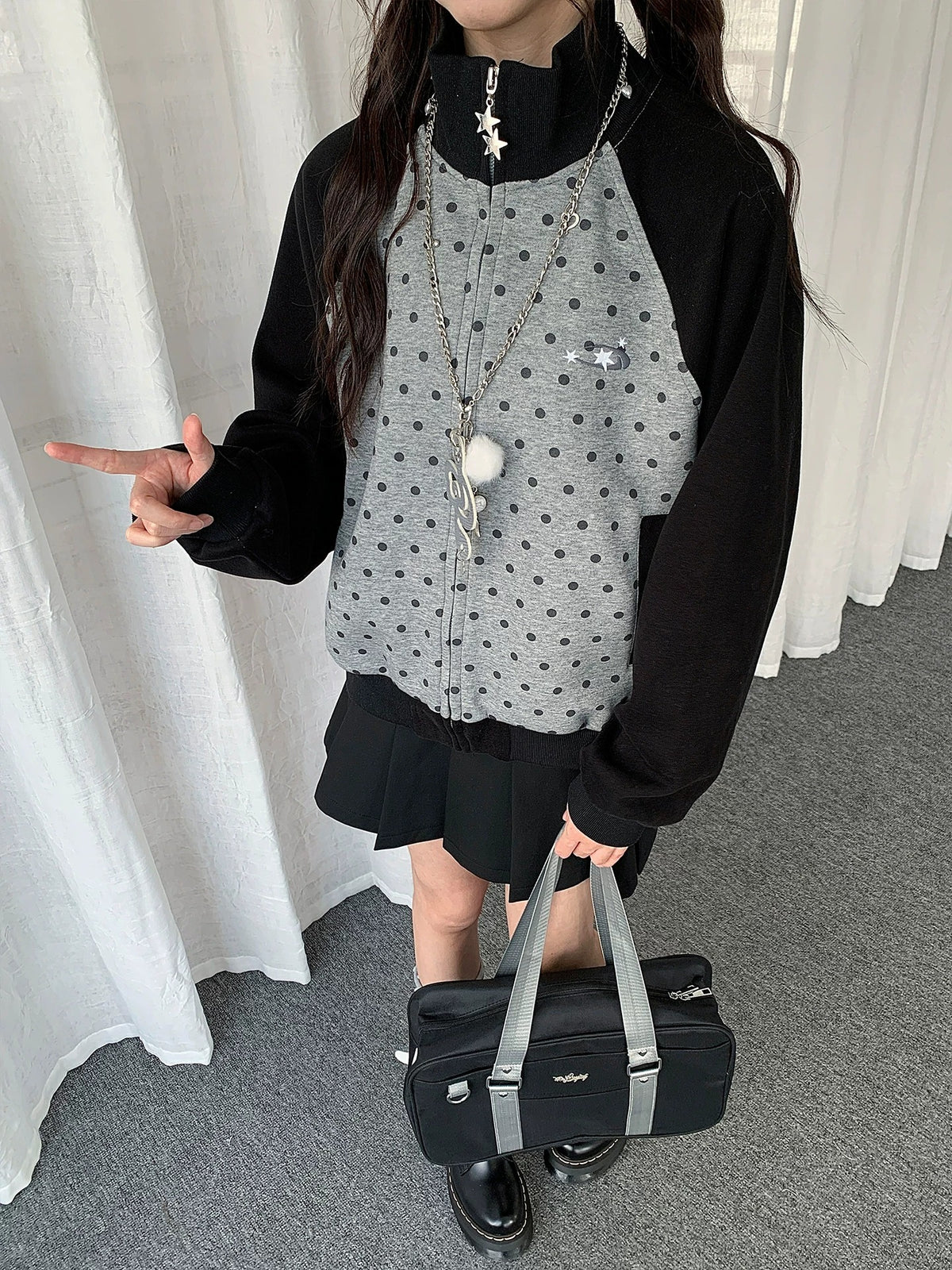 Contrast Polka Dot Zip-Up Jacket