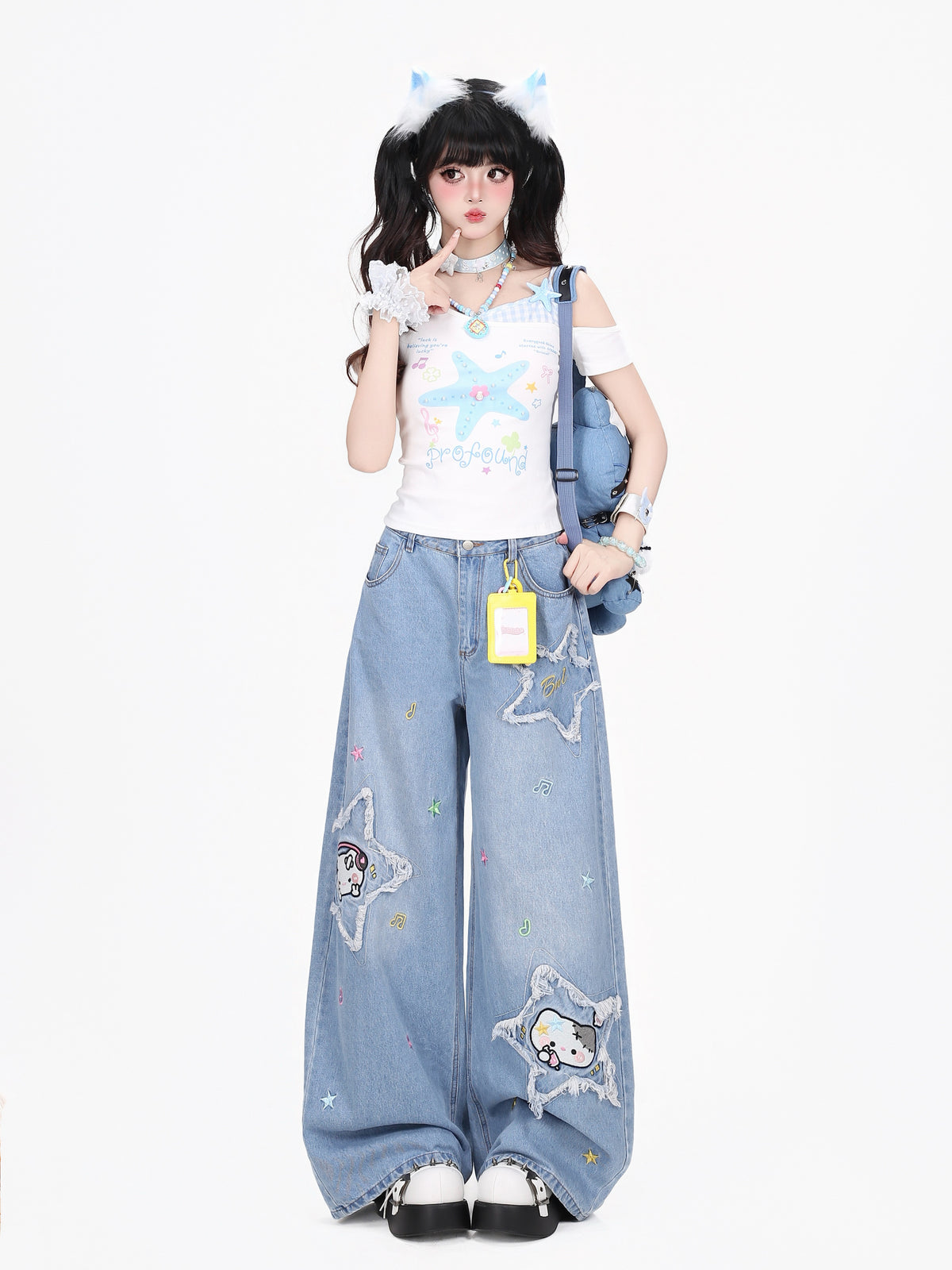 Star Cat Patch Wide-Leg Jeans with Card Holder Charm
