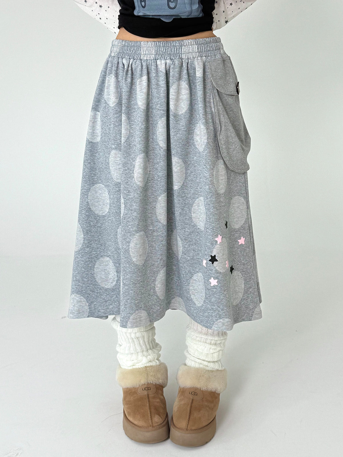 Star Detail Polka Dot Pocket Midi Skirt