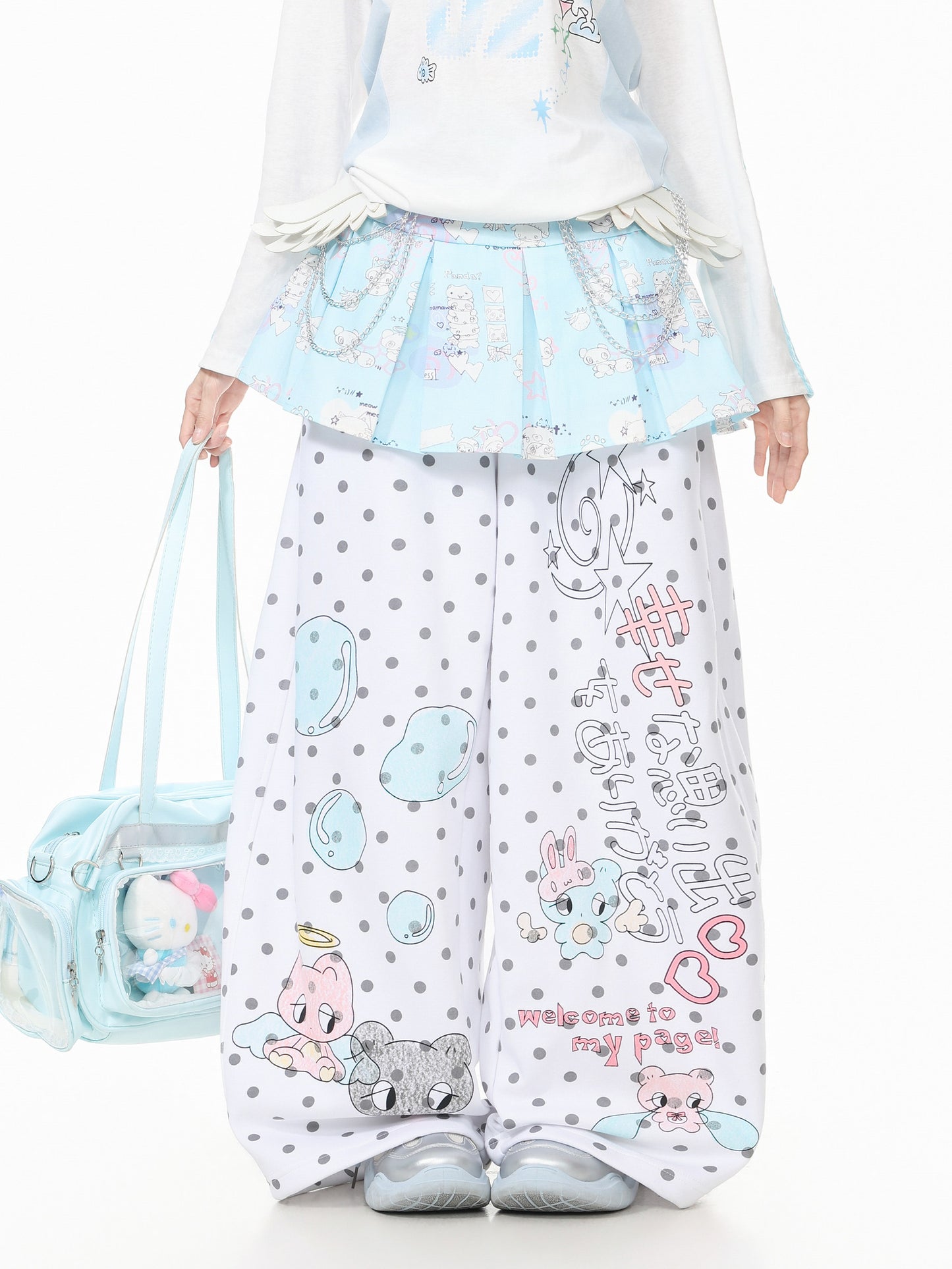 Pastel Doodle Polka Dot Wide-Leg Pants