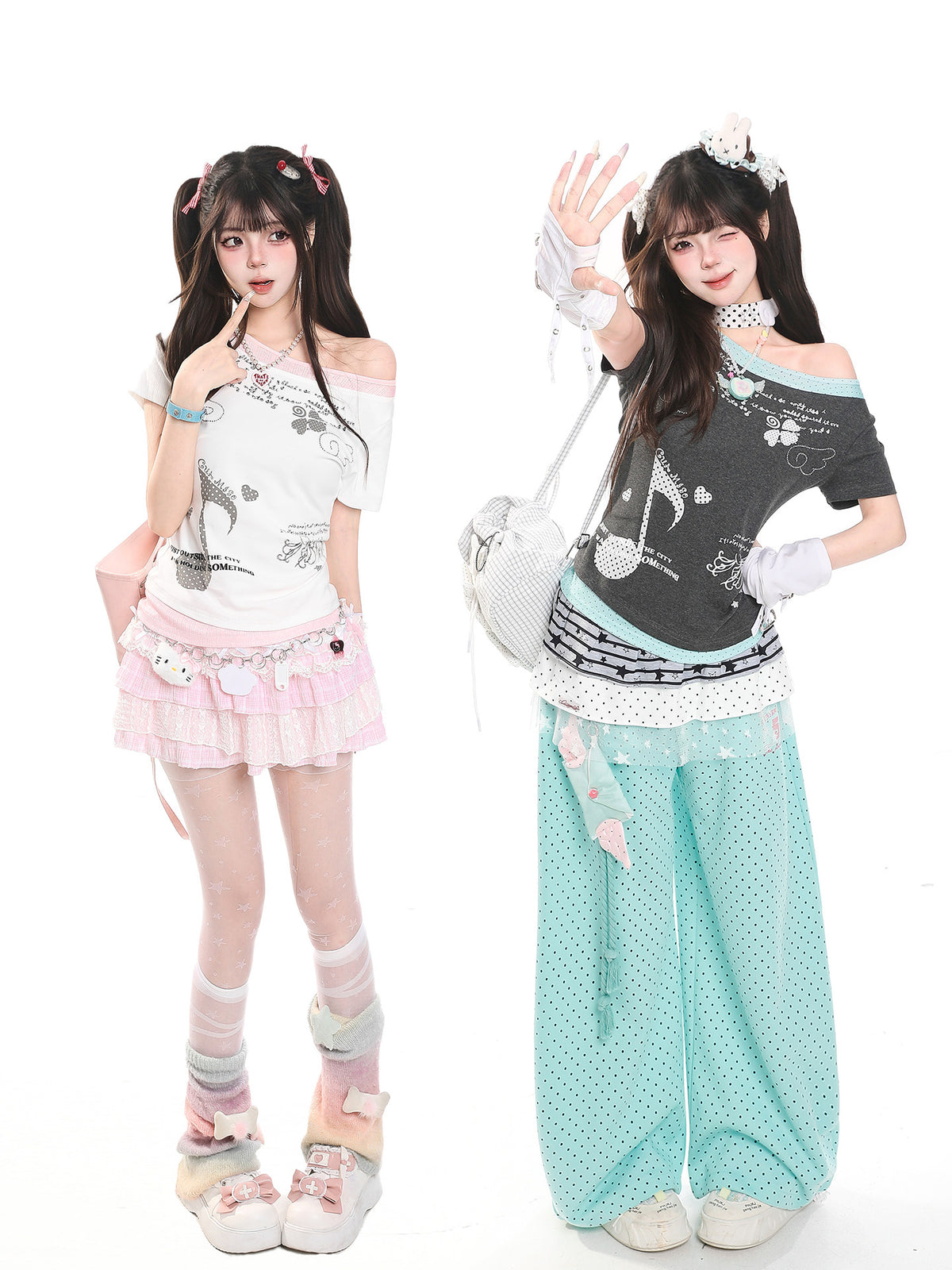 Music Note Faux-Layered Off-Shoulder Fitted Tee