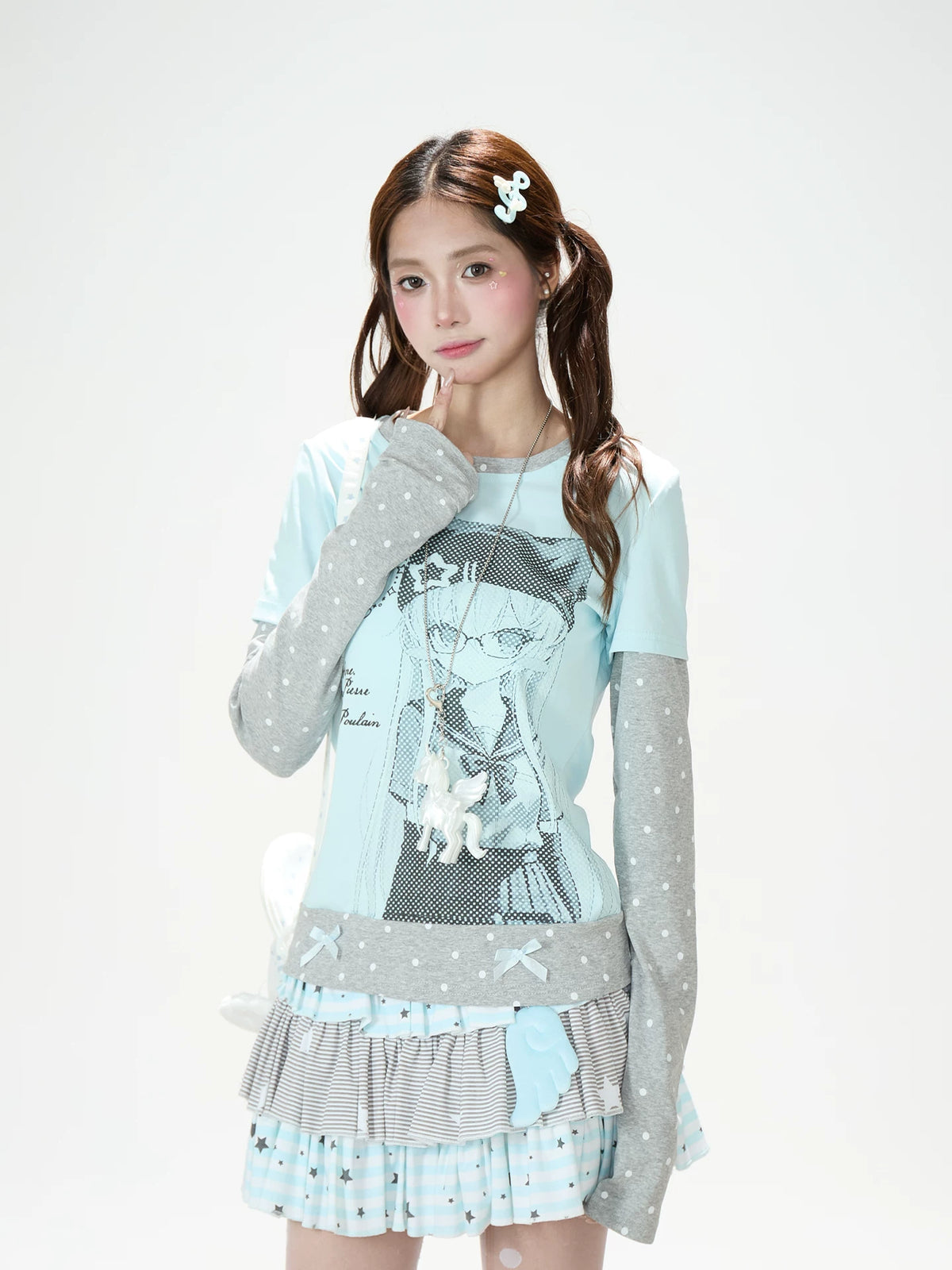 Anime Girl Polka-Dot Layered Long Sleeve Top & Star Tiered Ruffle Mini Skirt