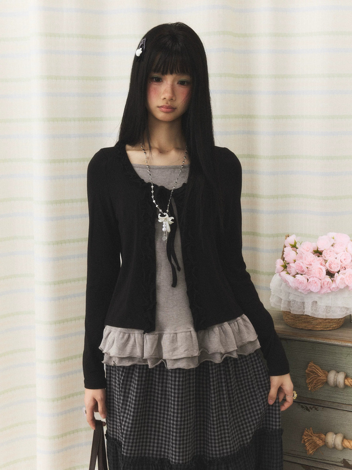 Ruffle Hem Tie-Front Faux-Layered Long Sleeve Top