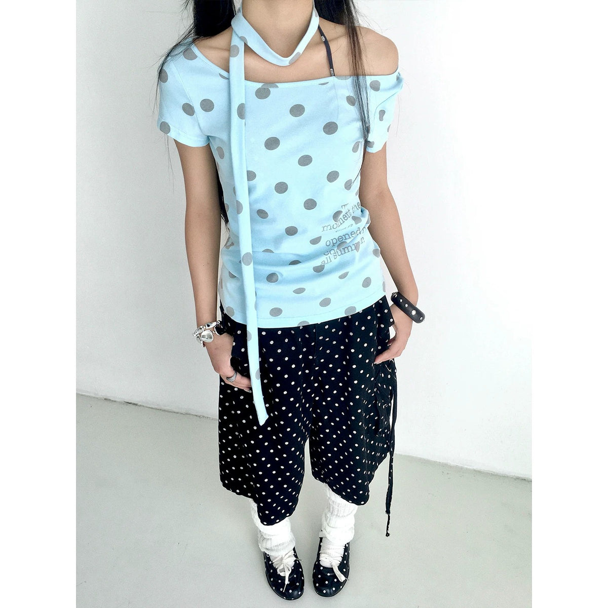 Polka Dot Scarf Short Sleeve Top
