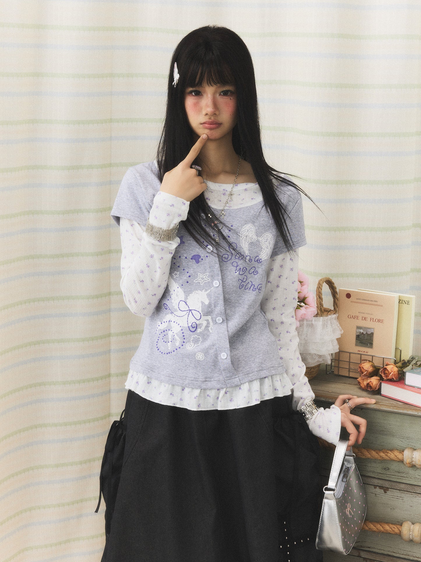 Lavender Wing Floral Faux-Layer Long-Sleeve Tee